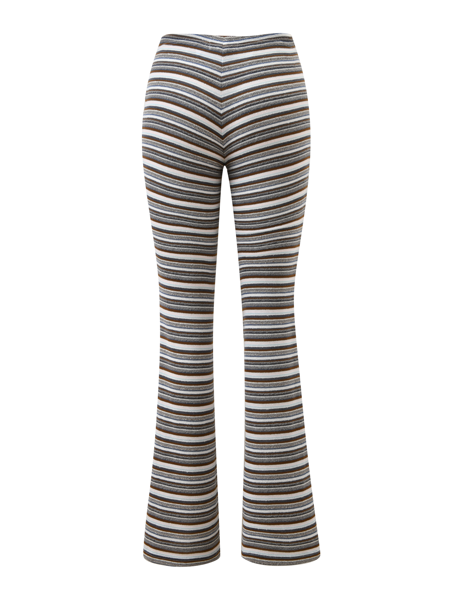 Back view of TIGERMIST's DILLON PANT in blue and brown stripes, featuring a flared silhouette with horizontal stripes, shown on a plain white background.