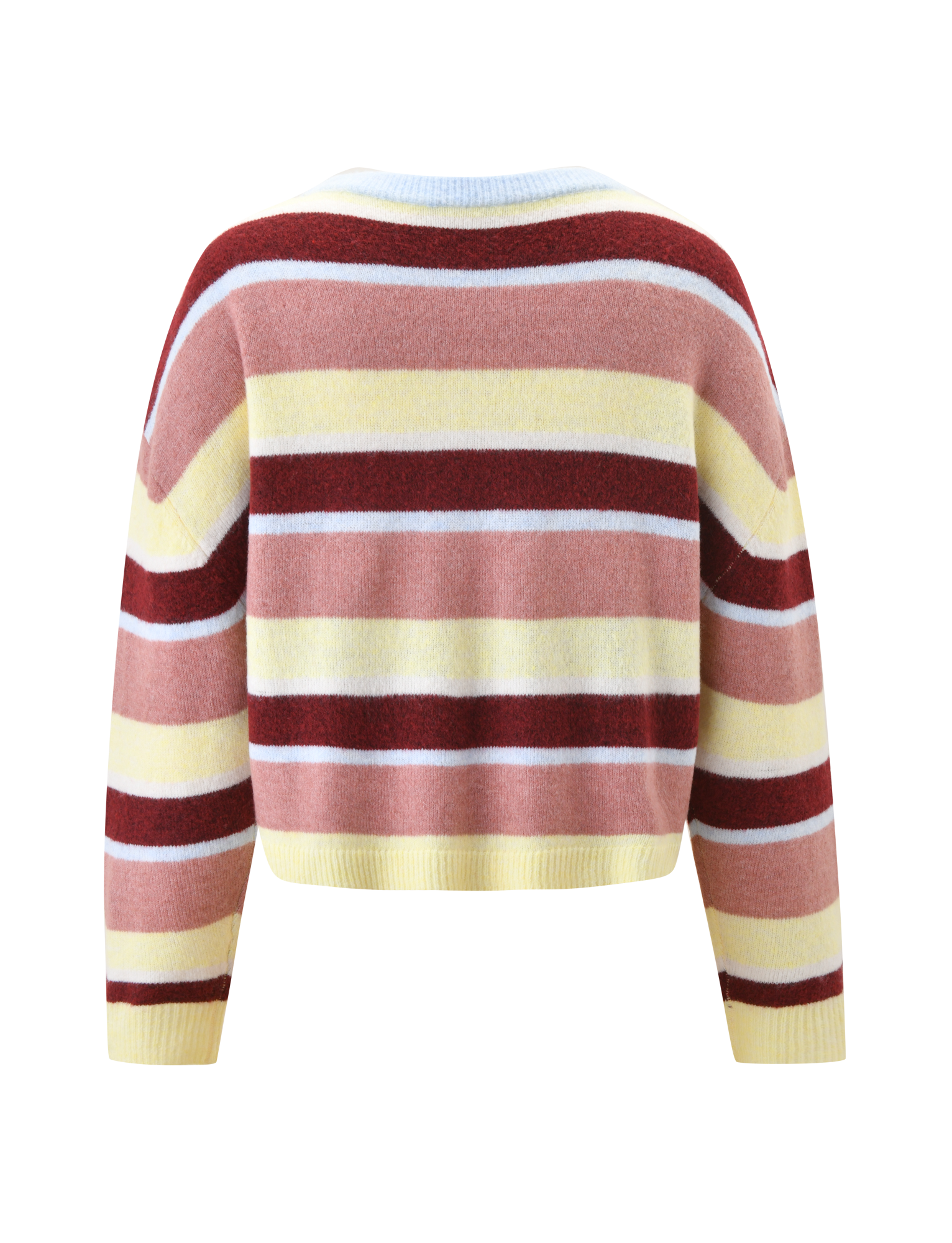 The TIGERMIST KOA 2.0 STRIPED JUMPER - TAN STRIPE features horizontal stripes in burgundy, pink, white, and yellow, displayed from the back against a plain white background.