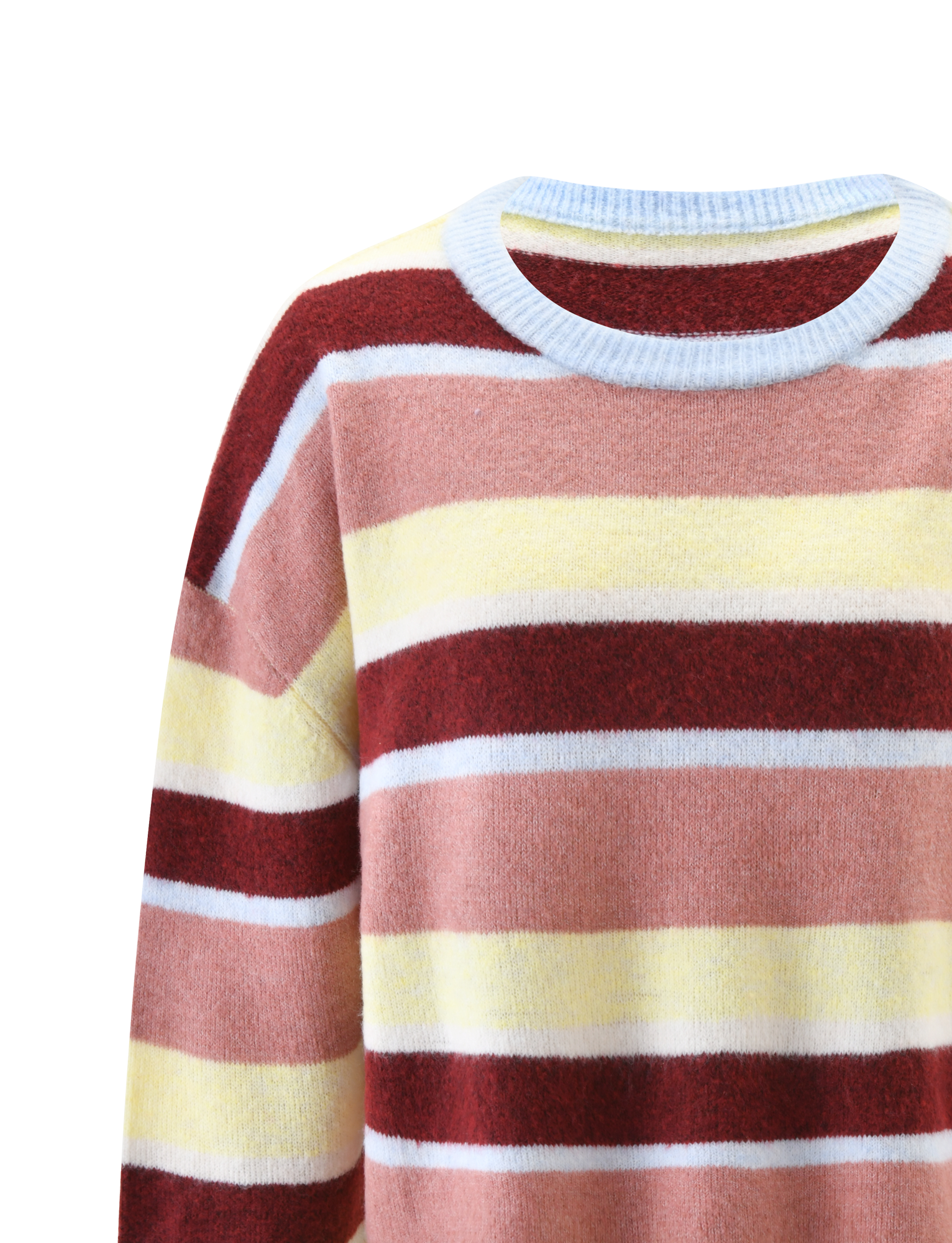 A close-up of the TIGERMIST KOA 2.0 STRIPED JUMPER in tan stripe, featuring wide horizontal stripes and a light blue ribbed crew neckline.