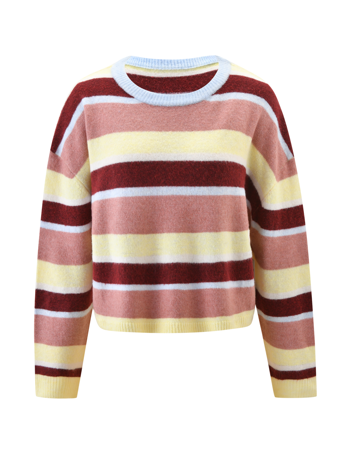 The TIGERMIST KOA 2.0 STRIPED JUMPER - TAN STRIPE is an oversized knit sweater with long sleeves, featuring horizontal stripes in pink, burgundy, yellow, and white and a ribbed white collar, shown on a plain white background.