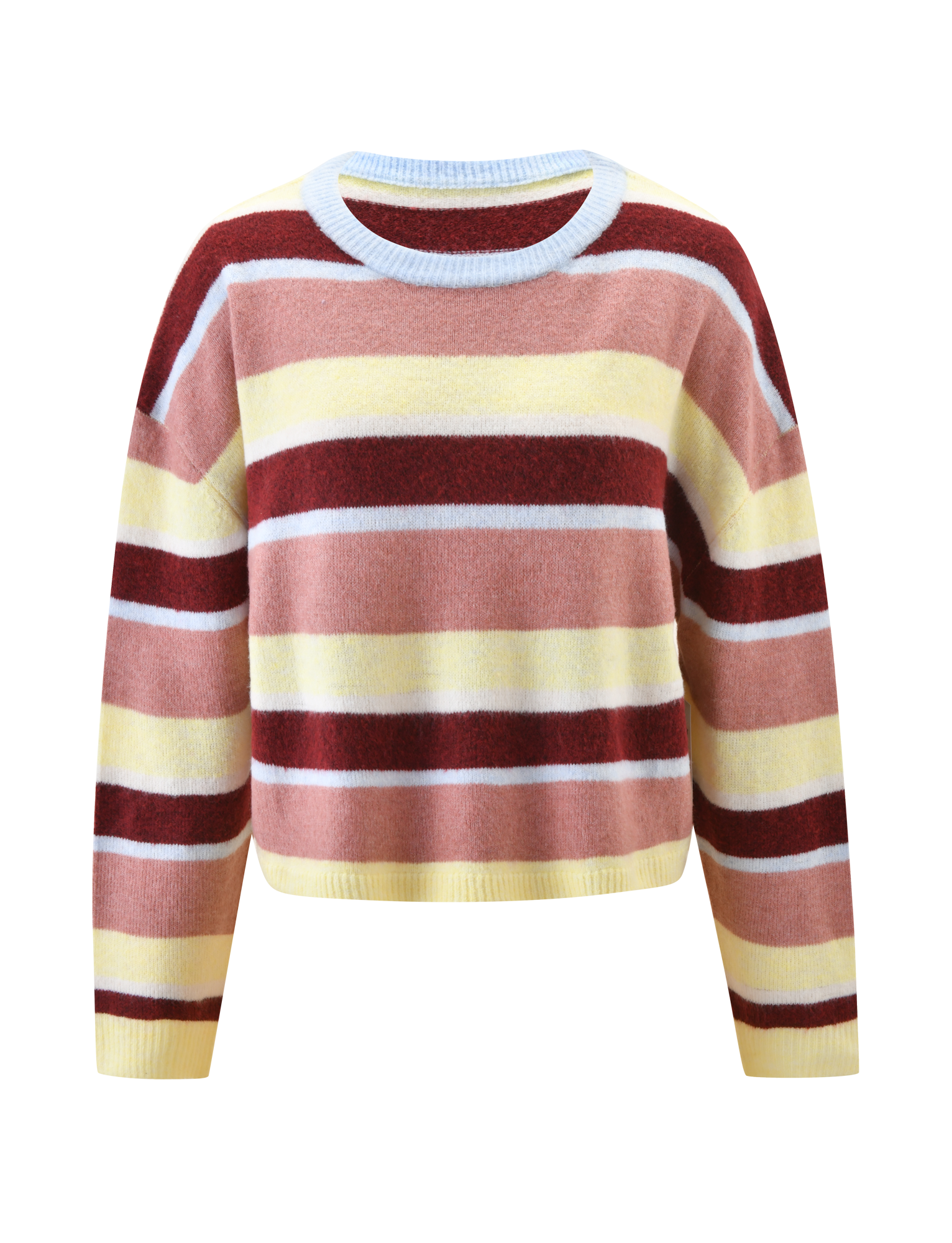 The TIGERMIST KOA 2.0 STRIPED JUMPER - TAN STRIPE is an oversized knit sweater with long sleeves, featuring horizontal stripes in pink, burgundy, yellow, and white and a ribbed white collar, shown on a plain white background.