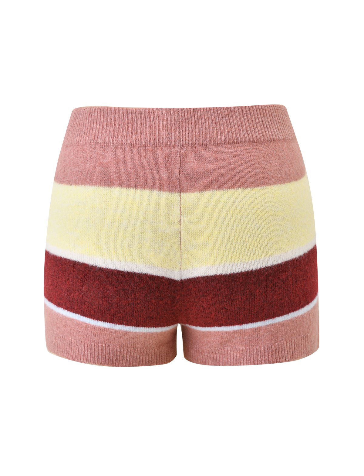 The TIGERMIST KOA 2.0 STRIPED SHORT - TAN STRIPE is a high-waisted pair of shorts with pink, yellow, red, and white multicolour stripes, made from soft stripe knit and shown on a plain white background.