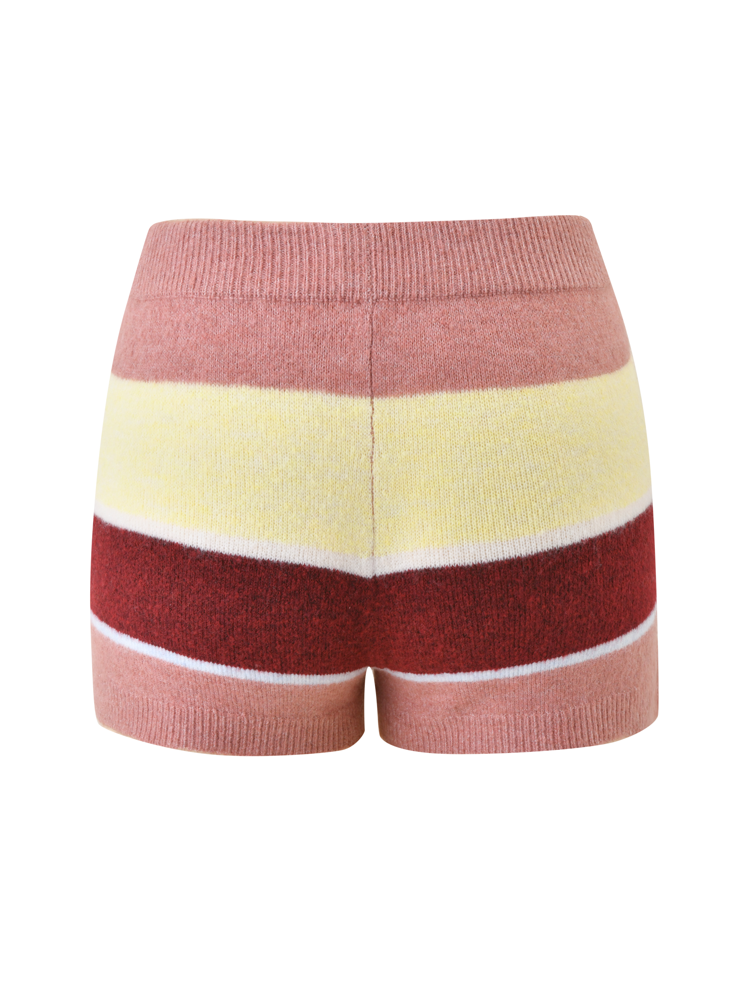 The TIGERMIST KOA 2.0 STRIPED SHORT - TAN STRIPE is a high-waisted pair of shorts with pink, yellow, red, and white multicolour stripes, made from soft stripe knit and shown on a plain white background.