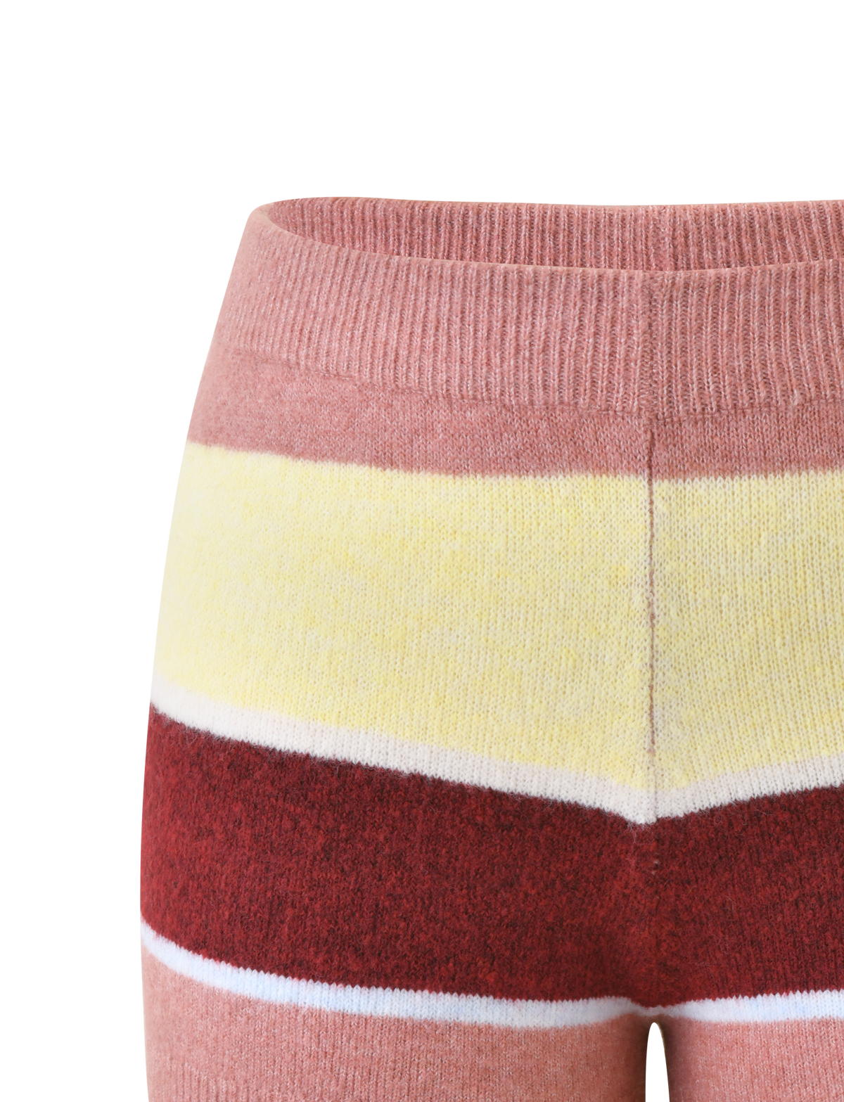 Close-up of the TIGERMIST KOA 2.0 STRIPED SHORT - TAN STRIPE, a mini short with multicolour stripes in pink, yellow, red, and white on a plain white background.