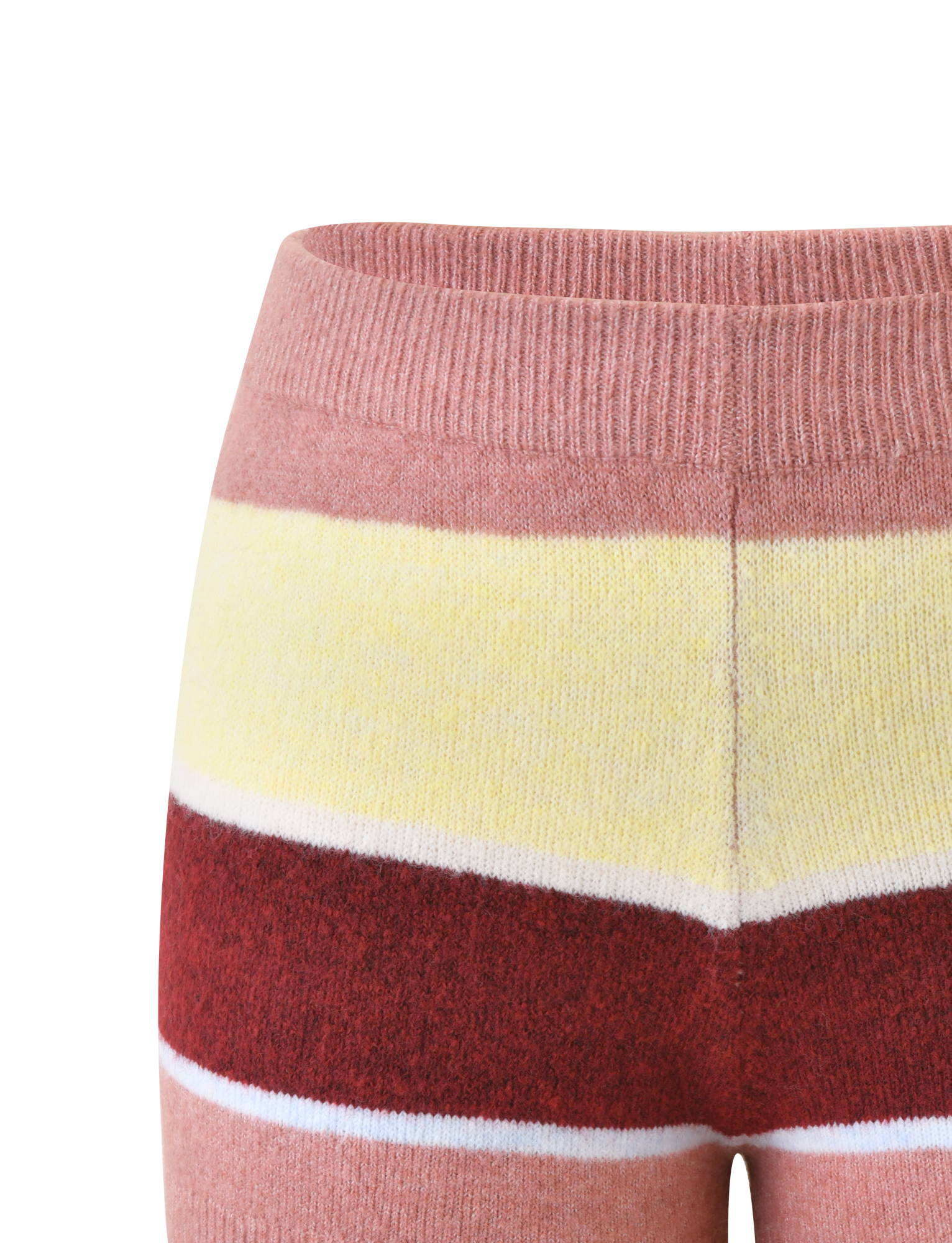Close-up of the TIGERMIST KOA 2.0 STRIPED SHORT - TAN STRIPE, a mini short with multicolour stripes in pink, yellow, red, and white on a plain white background.