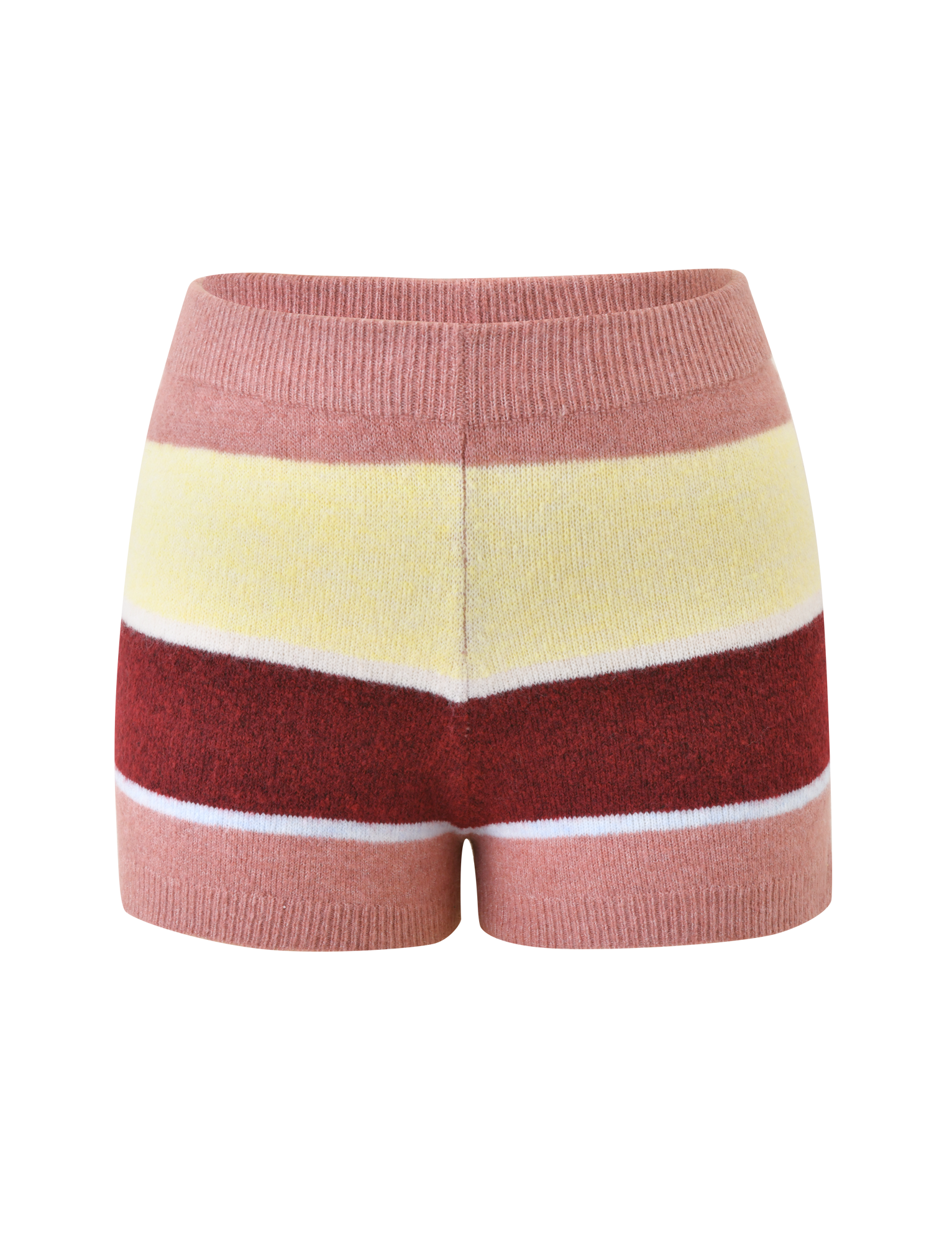 The TIGERMIST KOA 2.0 STRIPED SHORT - TAN STRIPE is a high-waisted, fitted mini short with cozy appeal and multicolour stripes in pink, yellow, red, and white.