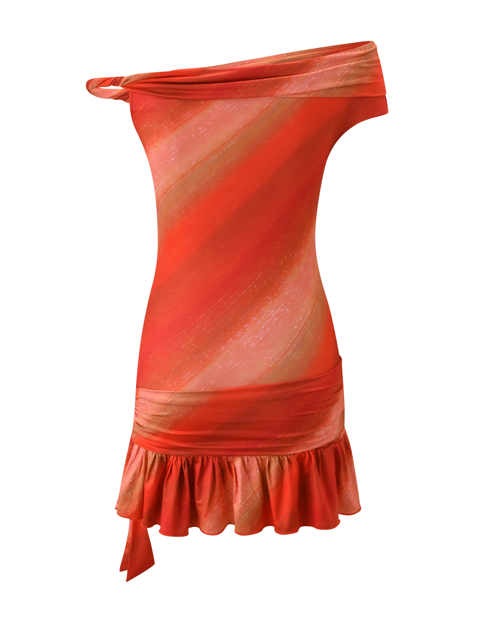 The HAELO MINI DRESS by TIGERMIST features a striking sunrise glitter stripe, an asymmetrical neckline, one-shoulder design in orange and red, diagonal stripes, ruched hip detail, ruffled hem, and a side tie.