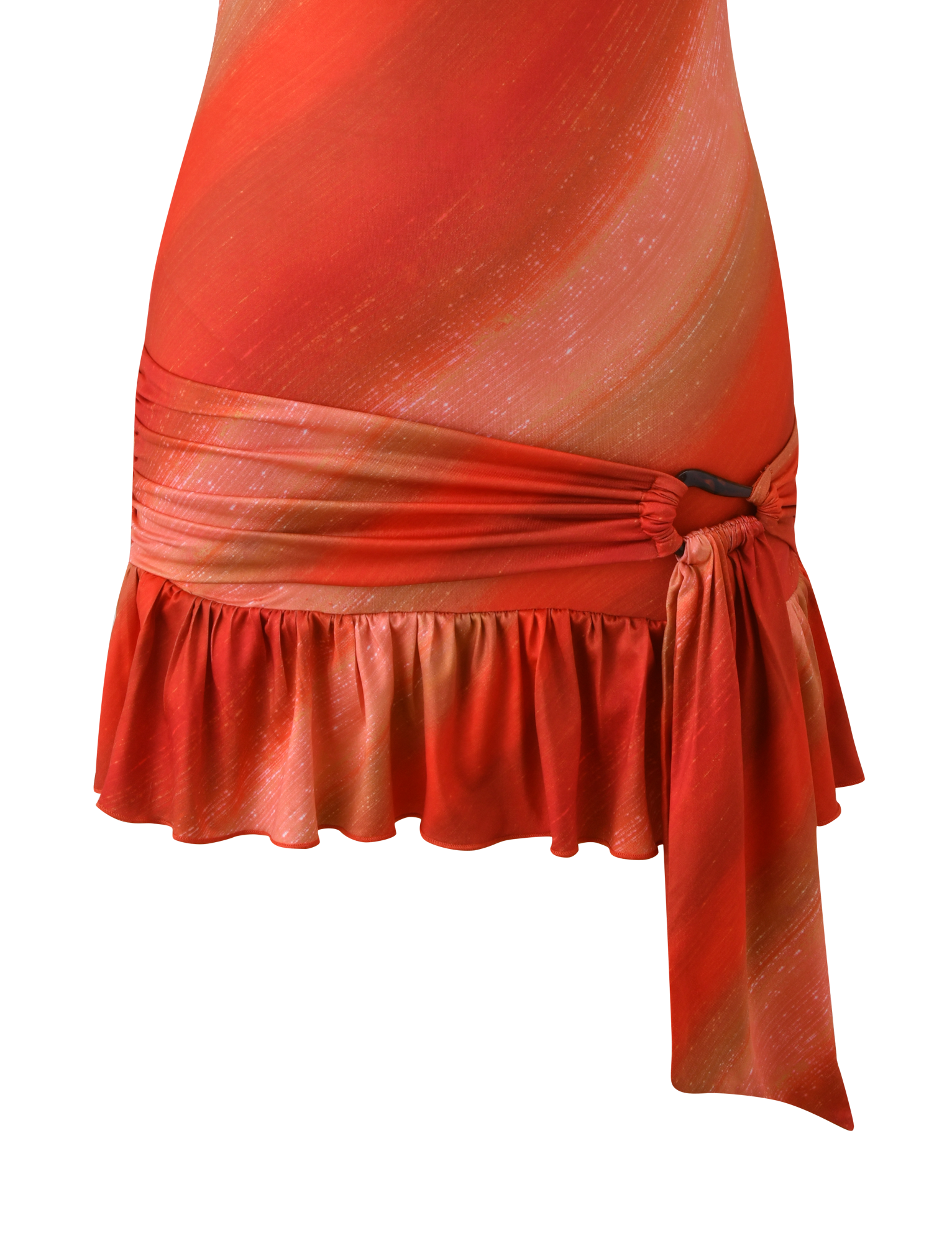 Close-up of the HAELO MINI DRESS - SUNRISE GLITTER STRIPE by TIGERMIST, featuring a red-orange ombre effect, glitter stripes, fitted silhouette, ruffled hem, and a side tie with a ring accent for a bold look.