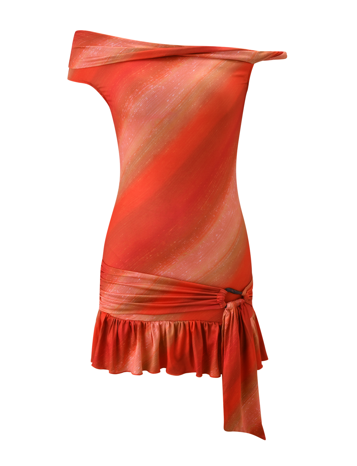 The HAELO MINI DRESS by TIGERMIST features sunrise glitter stripes in red and orange, an asymmetrical neckline, fitted bodice, ruffled hem, and a tied sash at the hip for added flair.