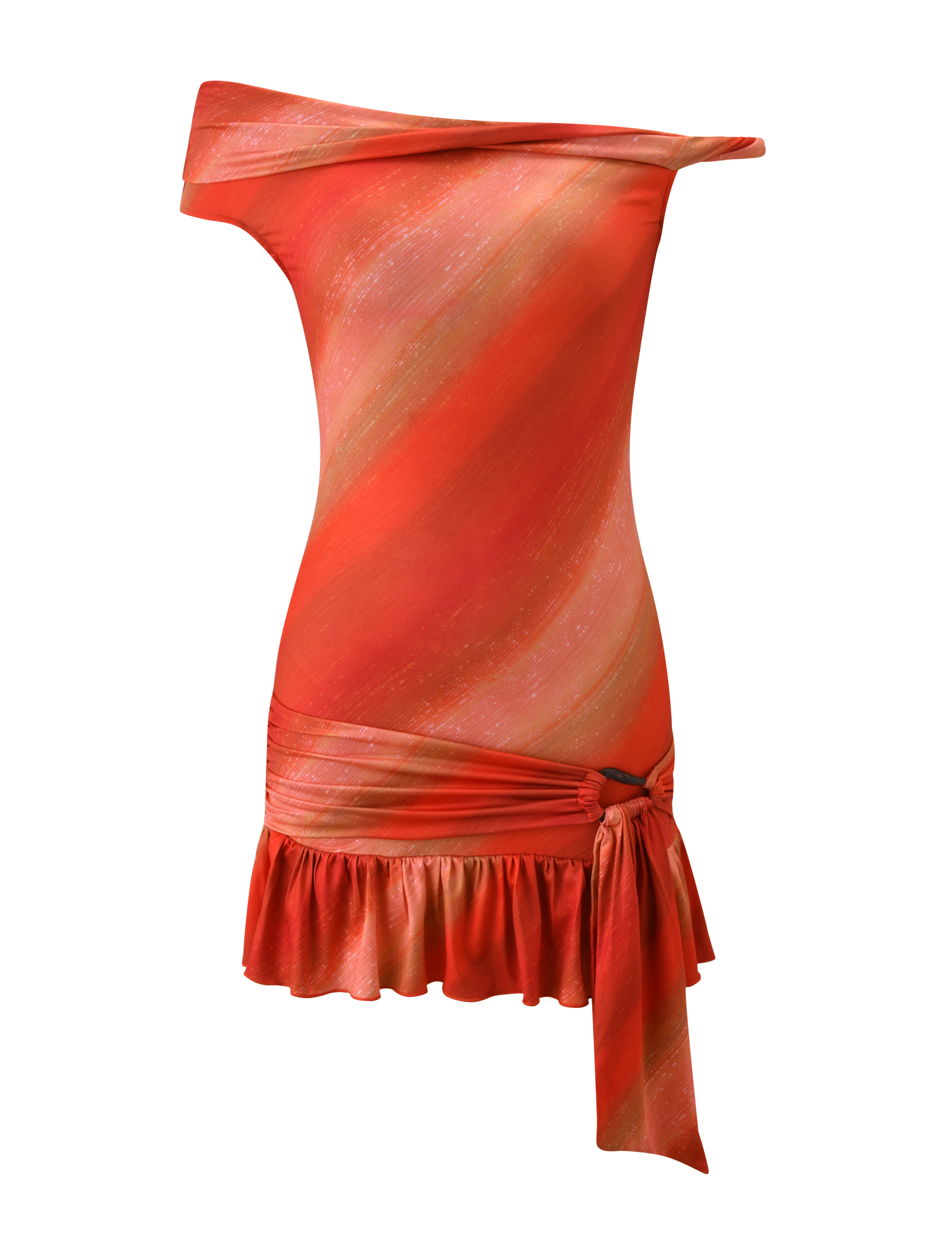 The HAELO MINI DRESS by TIGERMIST features sunrise glitter stripes in red and orange, an asymmetrical neckline, fitted bodice, ruffled hem, and a tied sash at the hip for added flair.