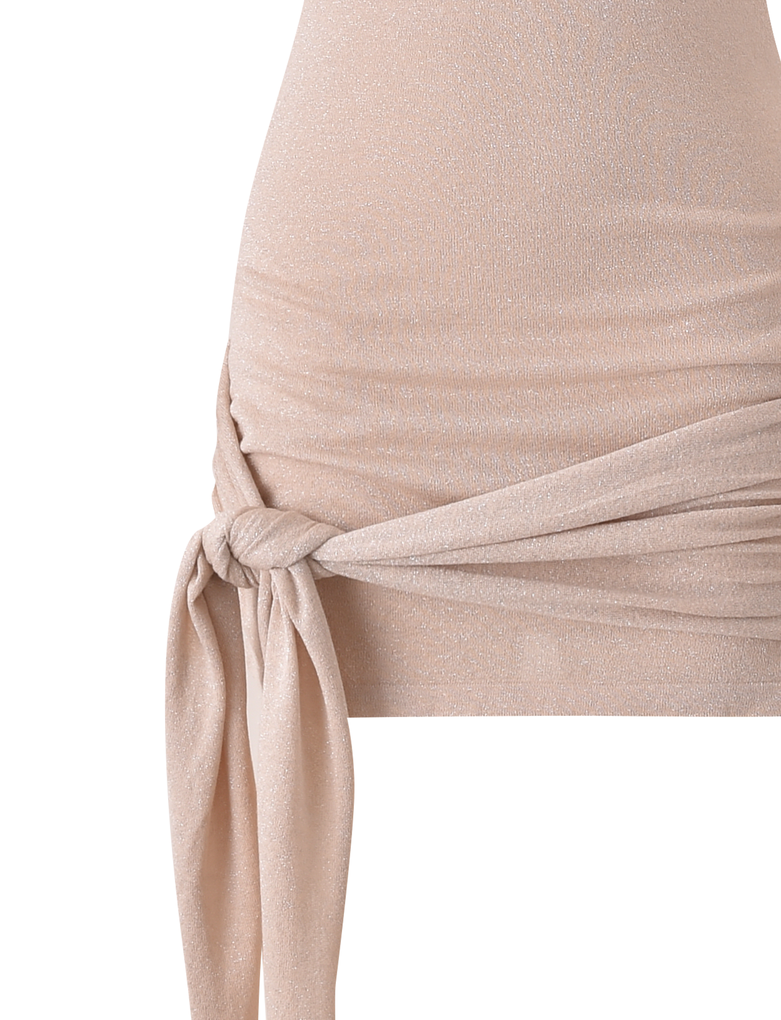 Close-up of the TIGERMIST SOTERA KNIT MINI DRESS in gold, showcasing its shimmery finish and fabric tie at the hip for a draped effect. The image is cropped to highlight only the lower torso and upper thighs.
