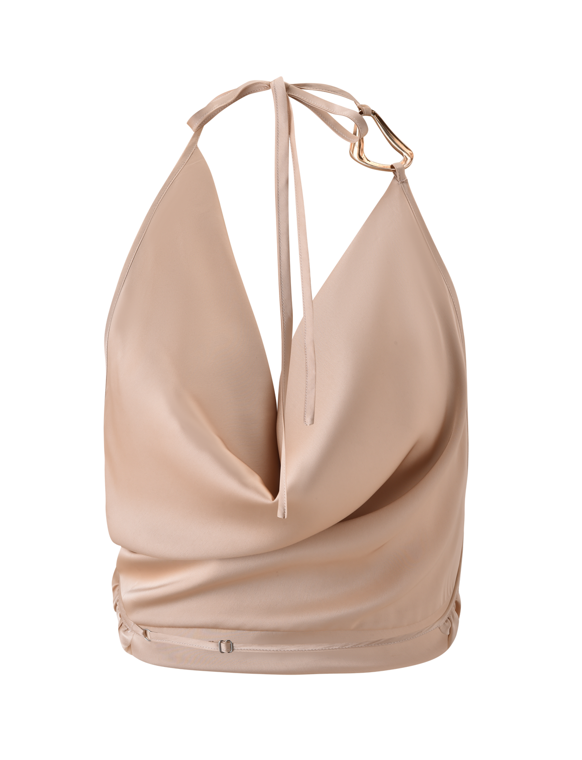 The TIGERMIST CYRENE SATIN COWL TOP in gold features a sleeveless, draped cowl neckline, adjustable halter neck tie, open back, and a gold metal accent on one strap, shown against a plain white background.