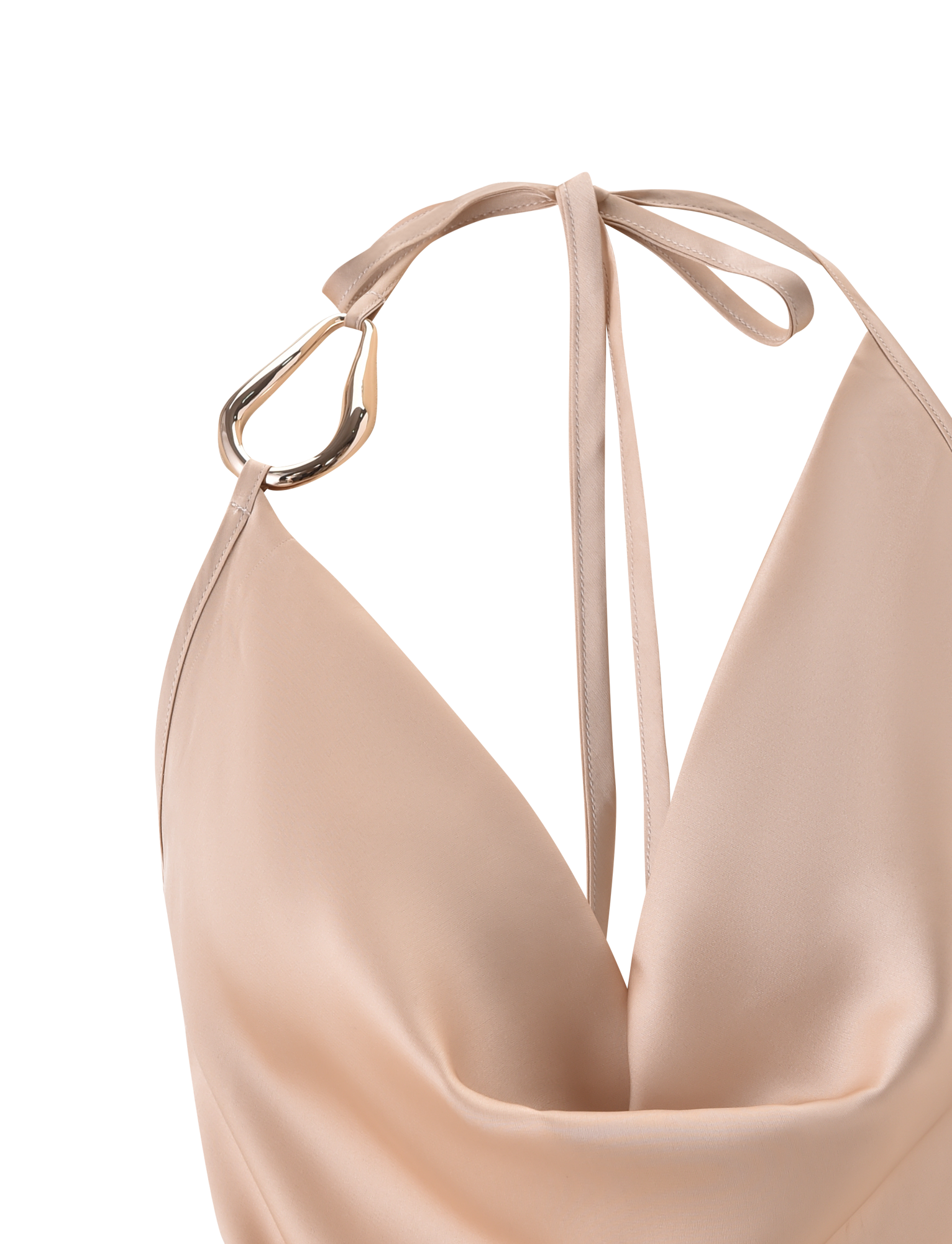 Close-up of the TIGERMIST CYRENE SATIN COWL TOP in gold, featuring a draped cowl neckline, decorative gold ring on one halter strap, thin tie closure at the neck, and an open back against a plain white background.