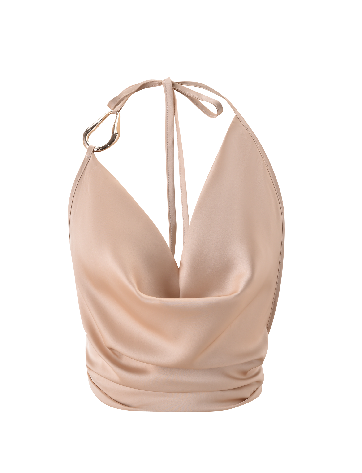 The CYRENE SATIN COWL TOP - GOLD by TIGERMIST features a beige gold satin finish, cowl neckline, halter strap with tie closure, open back, and a gold ring accent for a soft, elegant look.