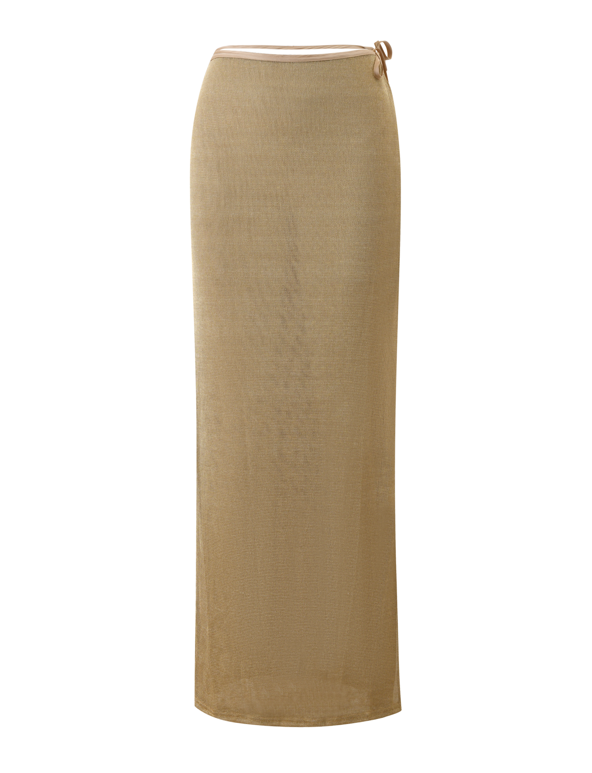 The CYRENE TIE MAXI SKIRT by TIGERMIST is a long, gold metallic knit skirt with a straight silhouette, semi-sheer finish, slight shine, and a small tie waistband detail.