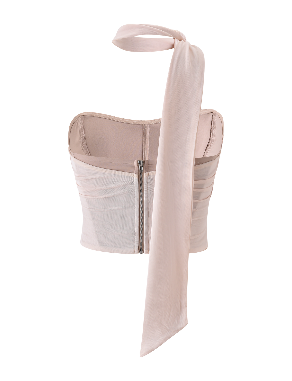 The TERESE FLORAL APPLIQUE CORSET by TIGERMIST is a tan, strapless bustier with cream ruched mesh, floral appliqué details, a matching neck tie draping over the left shoulder, visible back zipper, and semi-sheer panels.