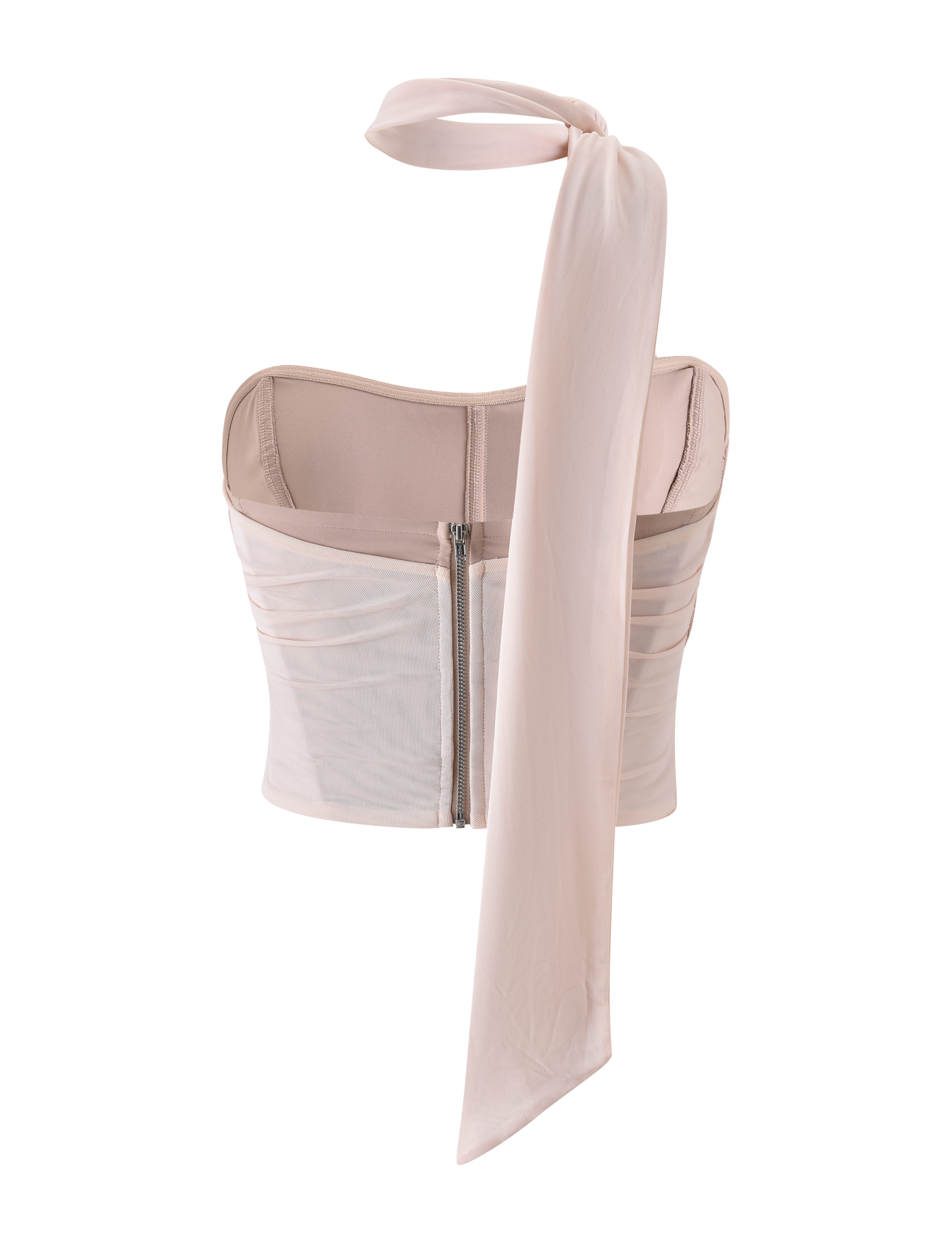 The TERESE FLORAL APPLIQUE CORSET by TIGERMIST is a tan, strapless bustier with cream ruched mesh, floral appliqué details, a matching neck tie draping over the left shoulder, visible back zipper, and semi-sheer panels.
