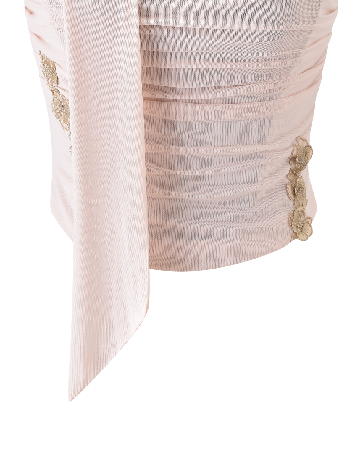 Close-up of the TERESE FLORAL APPLIQUE CORSET by TIGERMIST in tan, featuring cream ruched mesh fabric, a long sash, and delicate metallic gold floral appliques along the sides.
