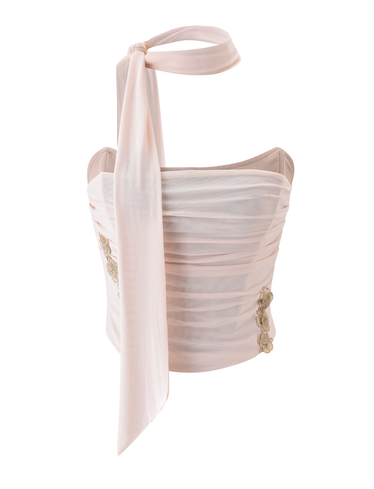 The TERESE FLORAL APPLIQUE CORSET by TIGERMIST is a tan, strapless ruched crop top with metallic gold floral appliques and a long matching neck tie, shown on a plain white background.