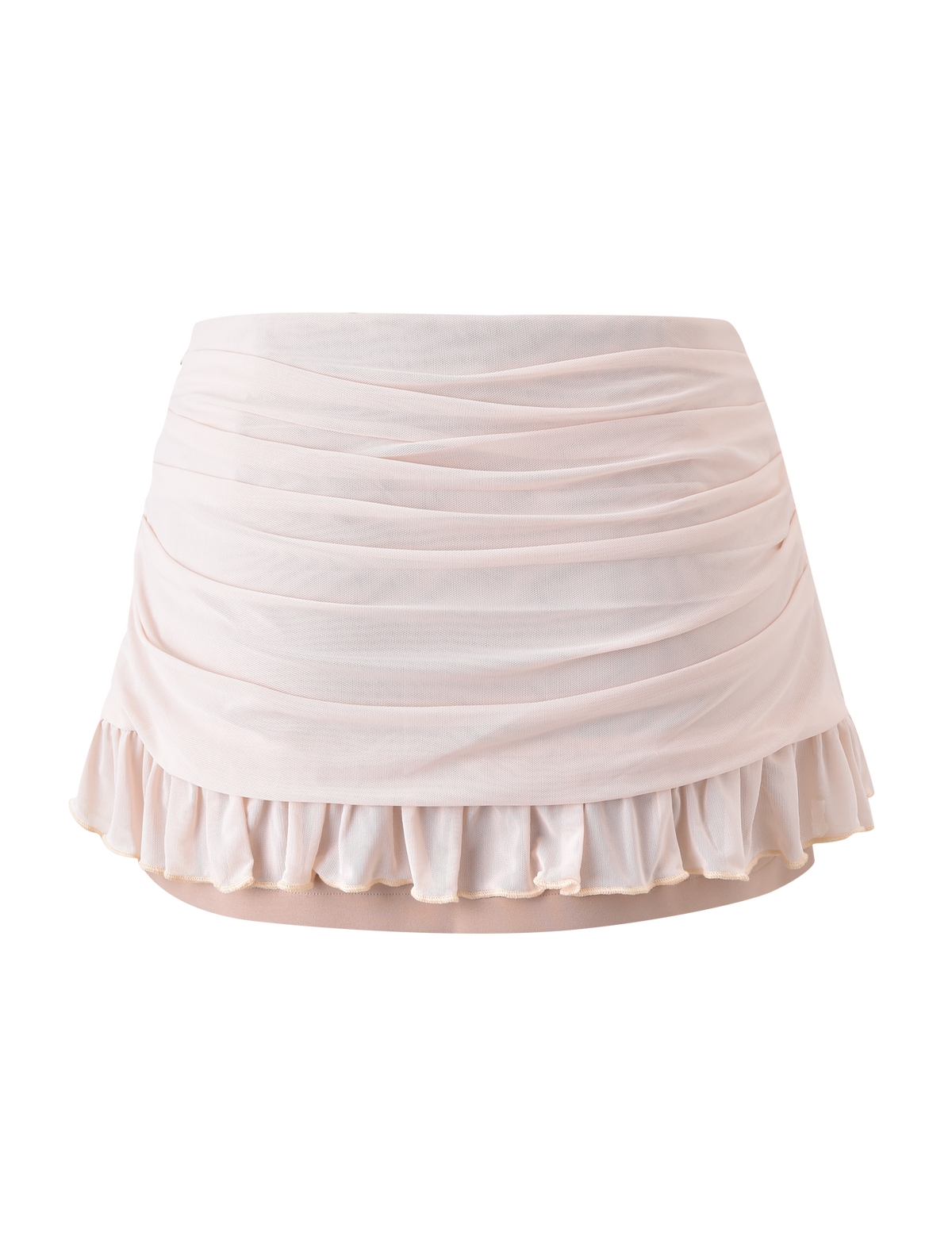 The TERESE FLORAL APPLIQUE SKIRT - TAN by TIGERMIST features a light pink ruched mini design with a sheer cream mesh overlay, delicate ruffled hem, and metallic gold floral appliques, shown against a plain white background.
