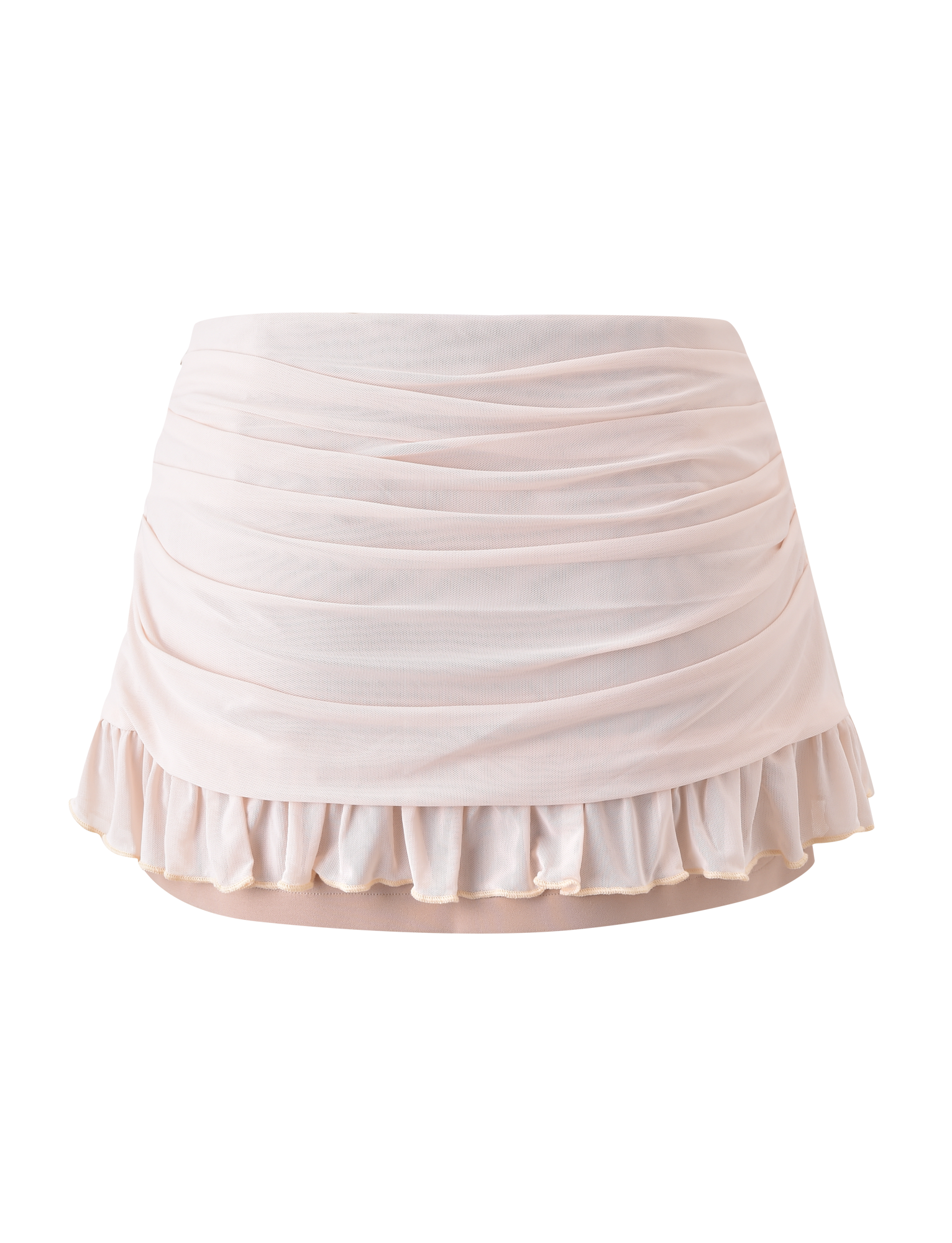 The TERESE FLORAL APPLIQUE SKIRT - TAN by TIGERMIST features a light pink ruched mini design with a sheer cream mesh overlay, delicate ruffled hem, and metallic gold floral appliques, shown against a plain white background.