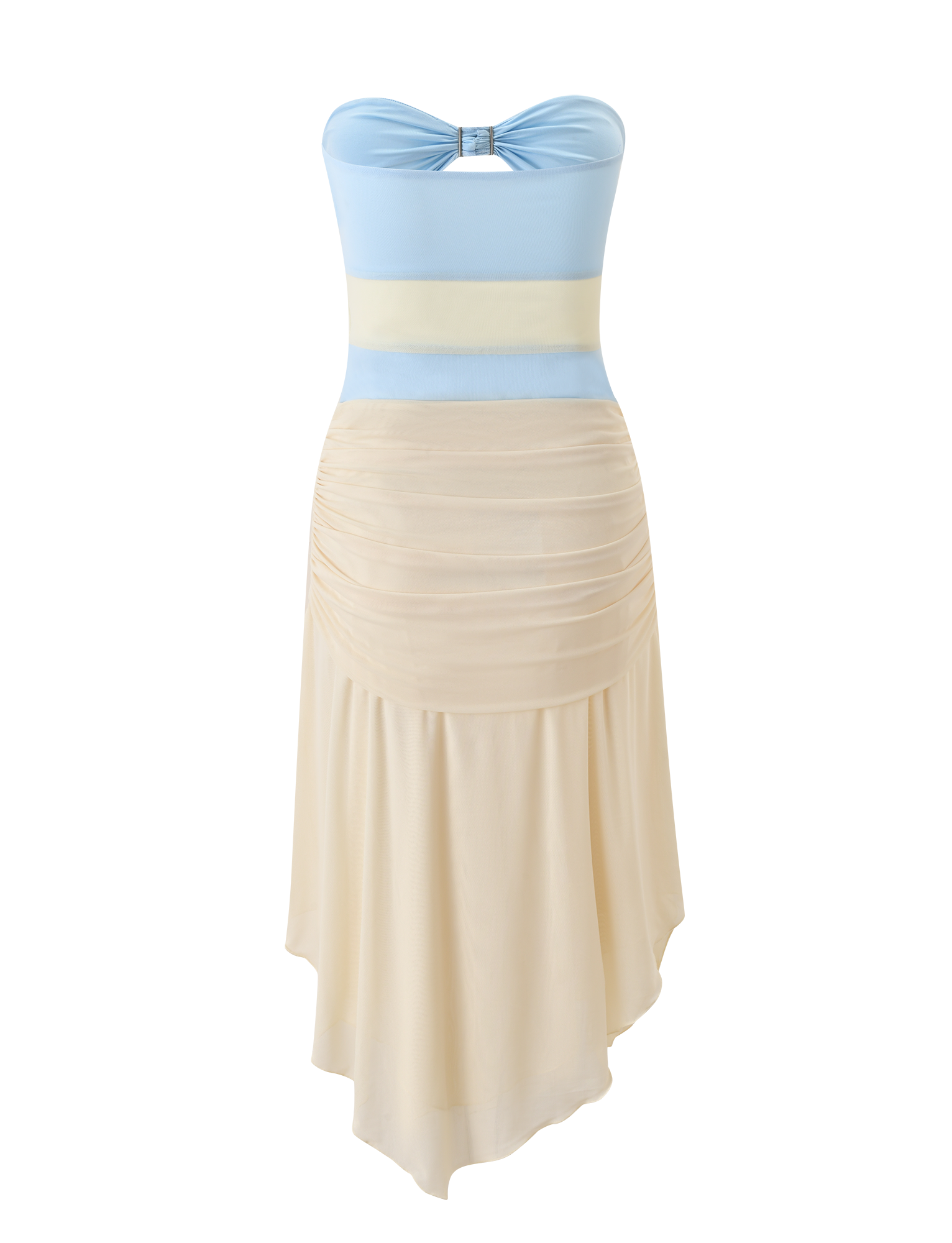 The TWYLA MIDI DRESS by TIGERMIST features a strapless sweetheart neckline, cream and blue color blocking, a ruched bodice with bow detail, and a flowy asymmetrical hem.