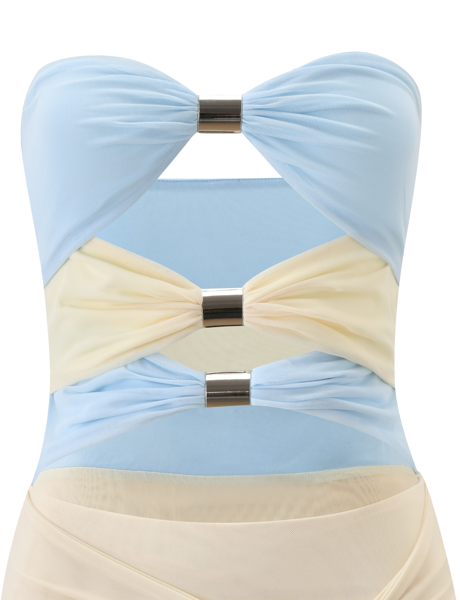 The TWYLA MIDI DRESS by TIGERMIST features a strapless sweetheart neckline, twisted layered design, three silver bars at the front, and an asymmetrical hem in cream and blue.