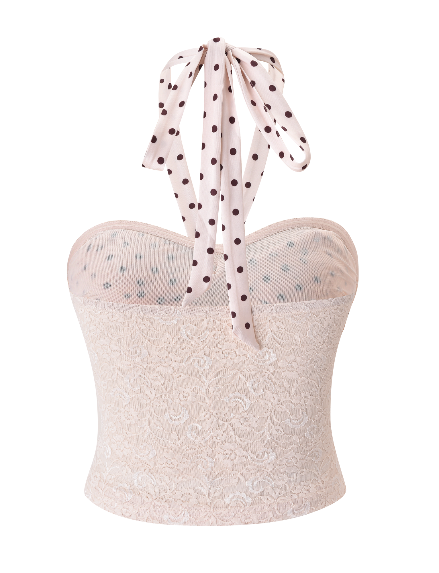 The KAYLI TOP - CREAM by TIGERMIST features a sweetheart neckline, sheer polka dot mesh panel, matching halter tie, and elegant floral lace on a crisp white background.