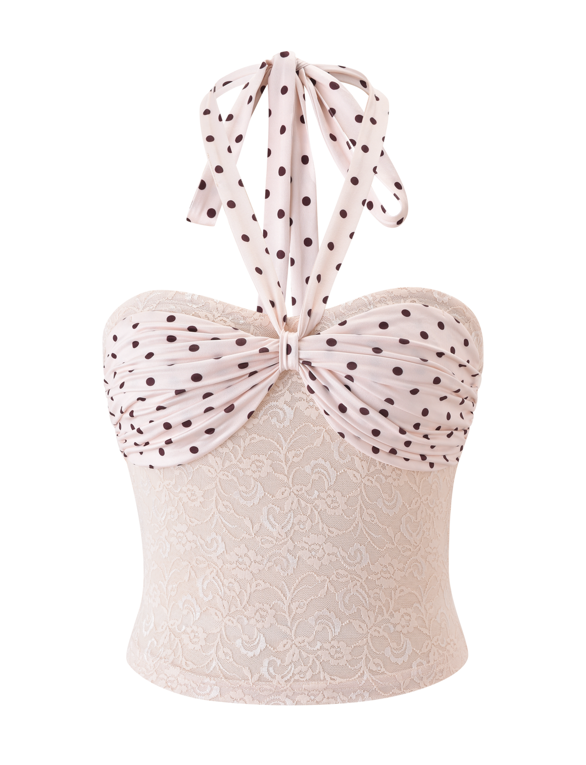 The KAYLI TOP - CREAM by TIGERMIST is a strapless lace bustier with a sweetheart neckline, finished with a knotted white halter strap featuring black polka dots for a fun update on the classic look.