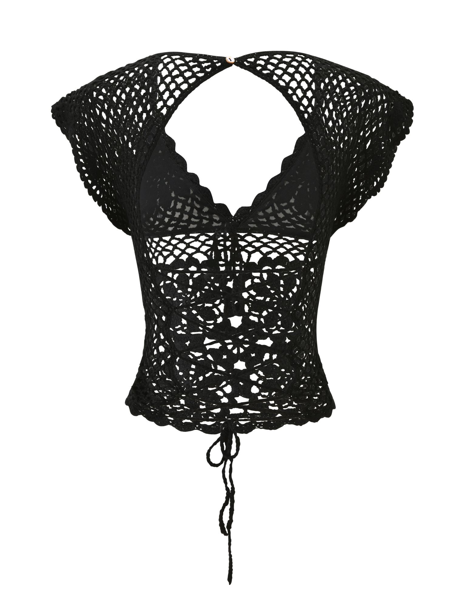 The SASHA CROCHET TOP by TIGERMIST features black floral crochet, short sleeves, scalloped edges, chest keyhole cutout, lace-up back with drawstring tie, and a semi-sheer openwork pattern—ideal for stylish resort wear.