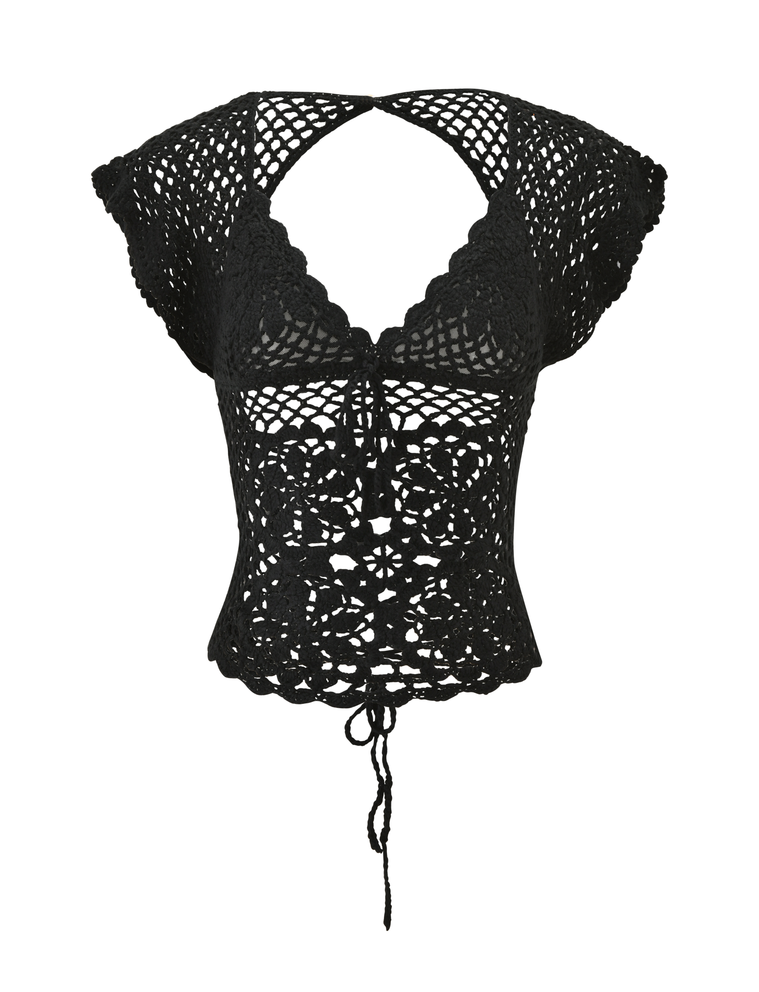 The SASHA CROCHET TOP by TIGERMIST in black features a scalloped plunging neckline, tie front closure, and open floral crochet—perfect for effortless resort styling.