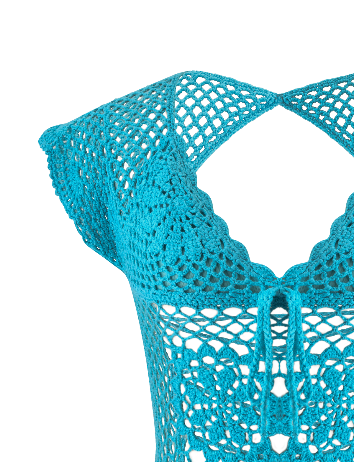 Bright aqua SASHA CROCHET TOP - AQUA with scalloped cap sleeves, a neckline cutout, and short sleeves.