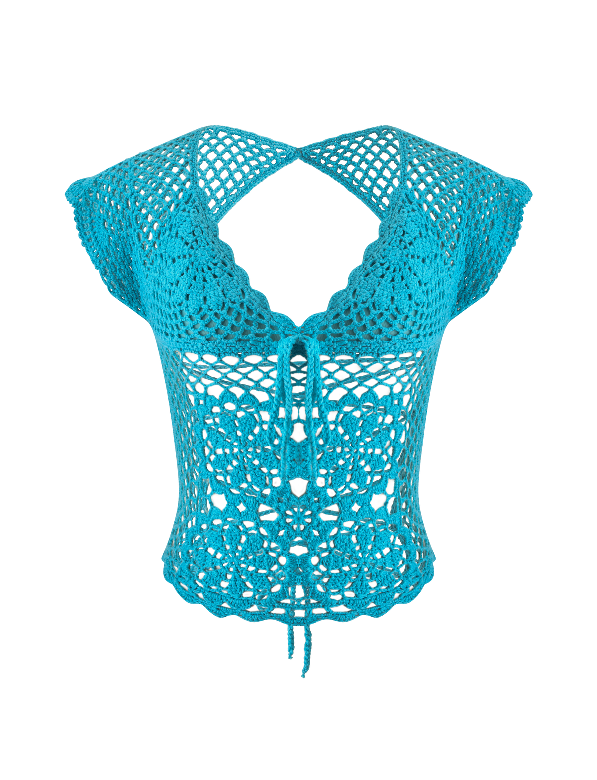 TIGERMIST SASHA CROCHET TOP - AQUA, a bright aqua blue floral crochet top with a deep V-neck, tie-front closure, and scalloped cap sleeves.