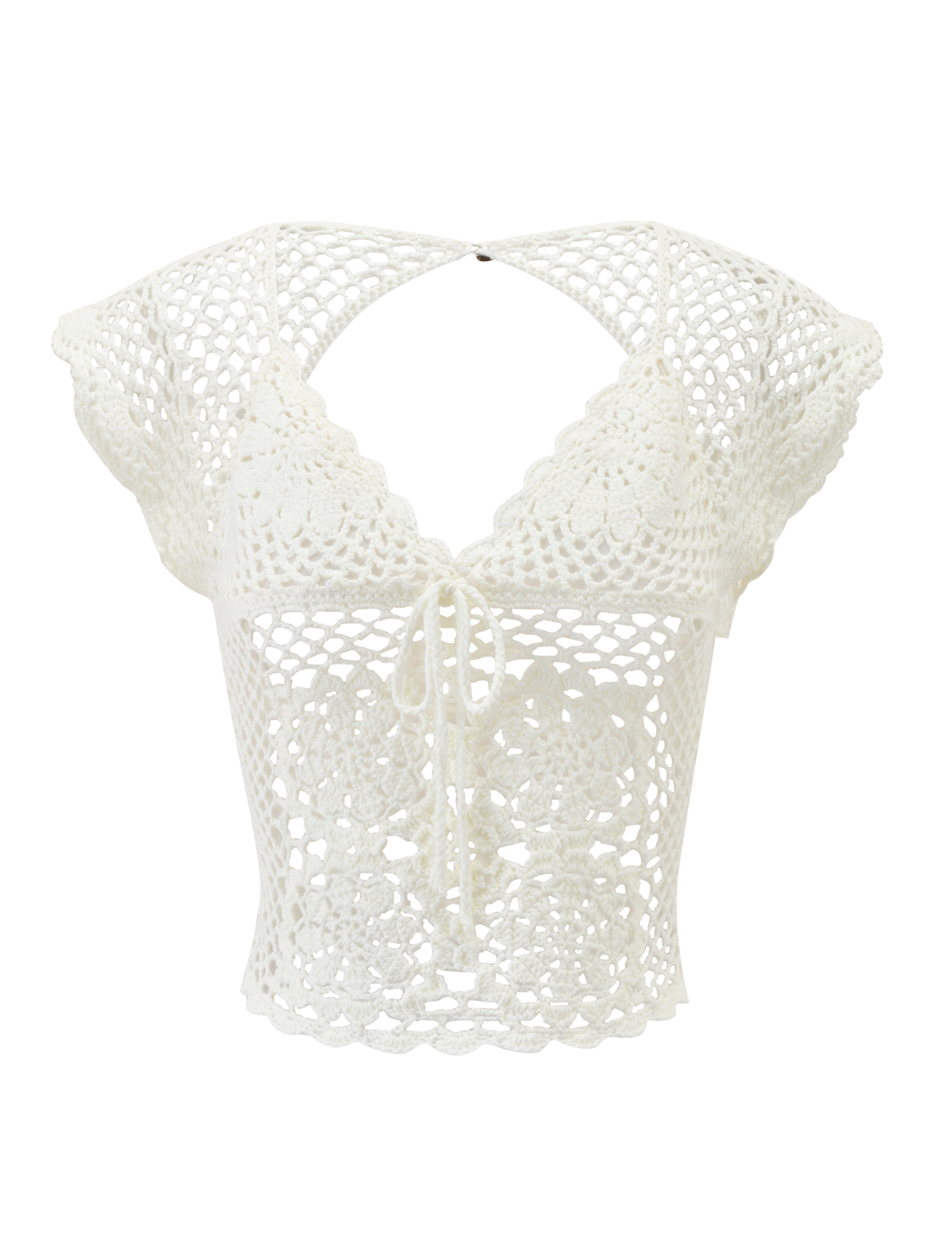 The SASHA CROCHET TOP - IVORY by TIGERMIST features an open-weave floral crochet design, scalloped edges, V-neckline, short sleeves, and a chic front tie closure.