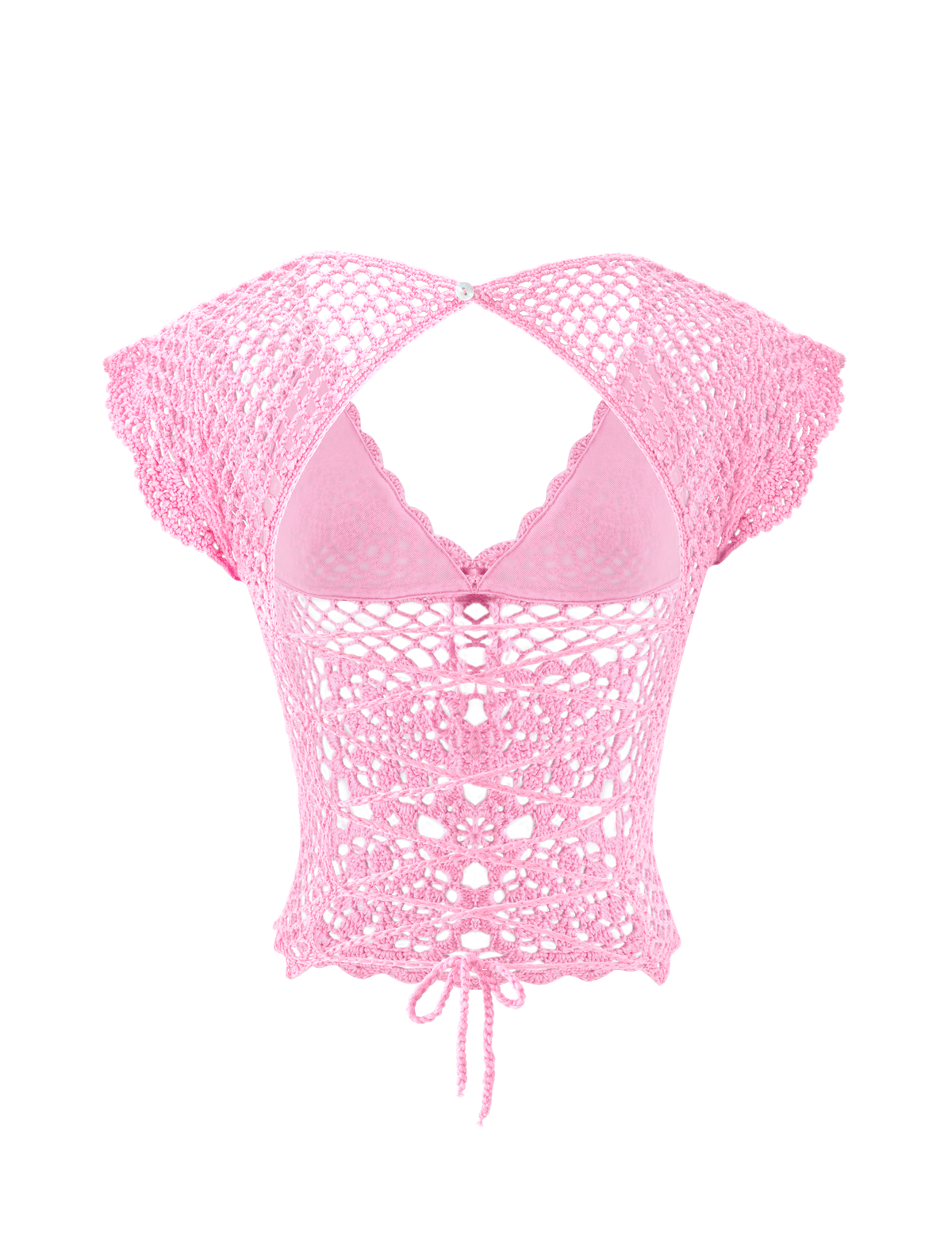 TIGERMIST SASHA CROCHET TOP - BABY PINK featuring cap sleeves, an open back, and a lace-up tie closure at the waist.