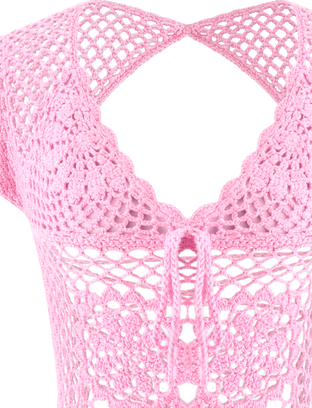 SASHA CROCHET TOP - BABY PINK featuring a scalloped neckline and a lace-up front detail.