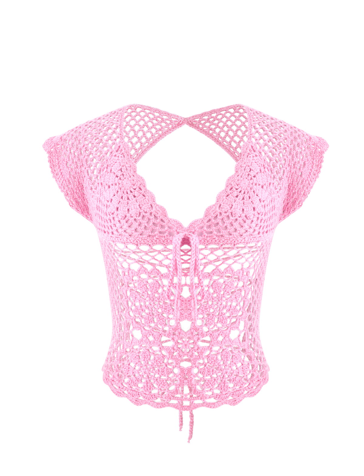 SASHA CROCHET TOP - BABY PINK light pink floral crochet top with short sleeves, a deep open neckline, and a lace-up front detail.