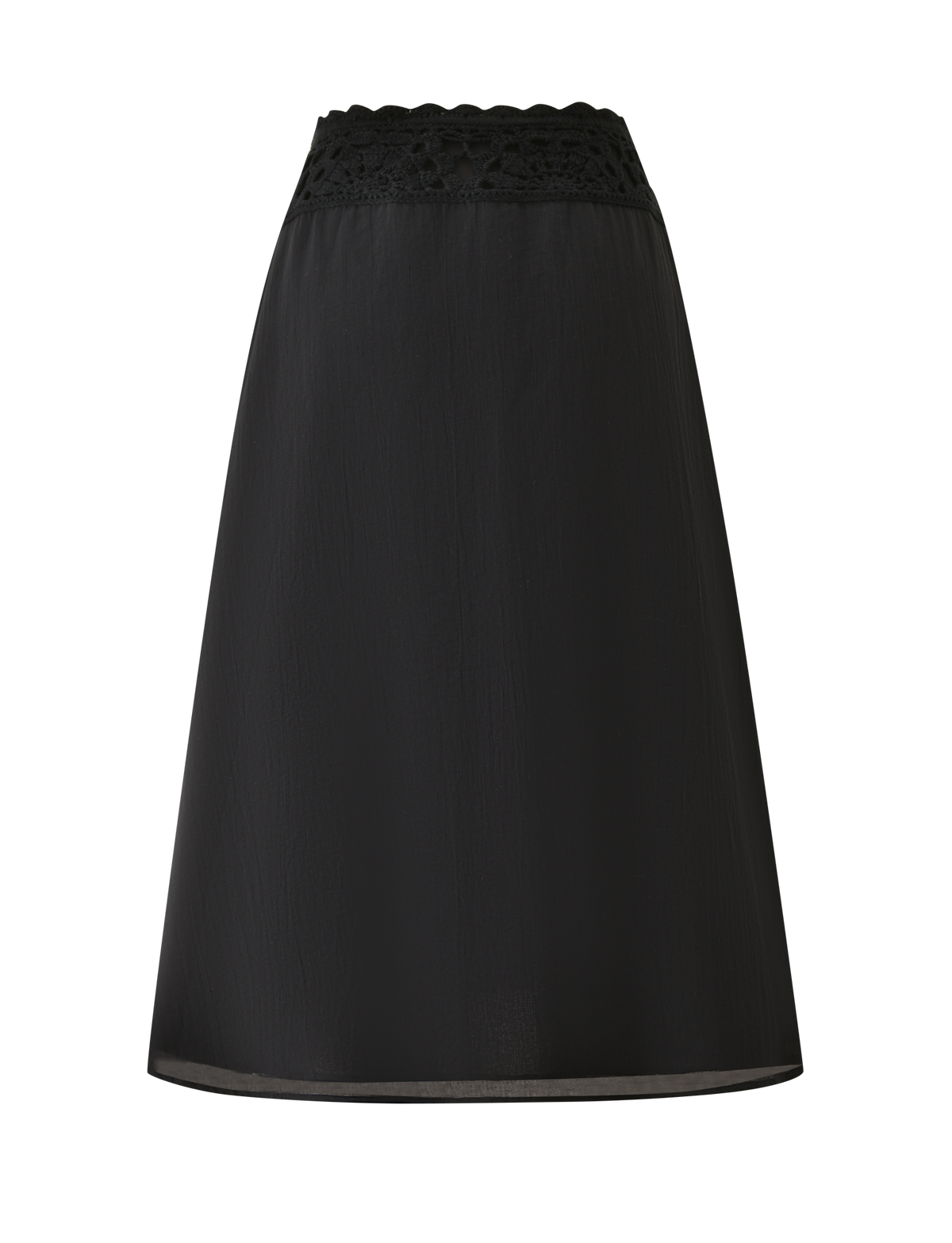 The SASHA CROCHET MIDI SKIRT by TIGERMIST is a black cotton poplin A-line skirt featuring a scalloped lace waistband, blending simplicity and elegance, shown against a white background.