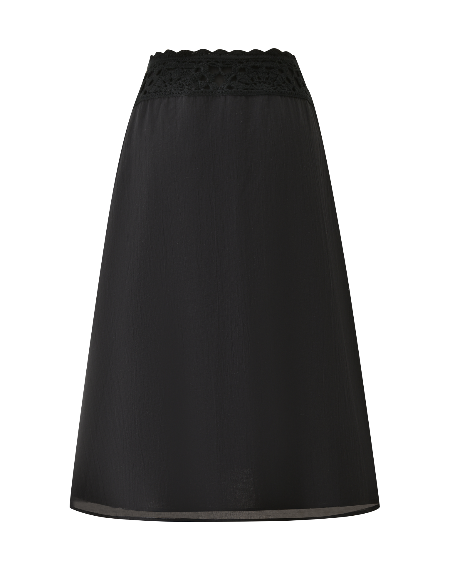 The SASHA CROCHET MIDI SKIRT by TIGERMIST is a black cotton poplin A-line skirt featuring a scalloped lace waistband, blending simplicity and elegance, shown against a white background.