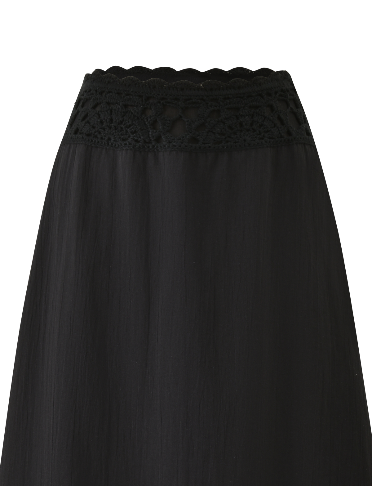 The SASHA CROCHET MIDI SKIRT by TIGERMIST is a black A-line midi skirt with a wide, intricately detailed scalloped lace crochet waistband and a smooth, flowing fabric.