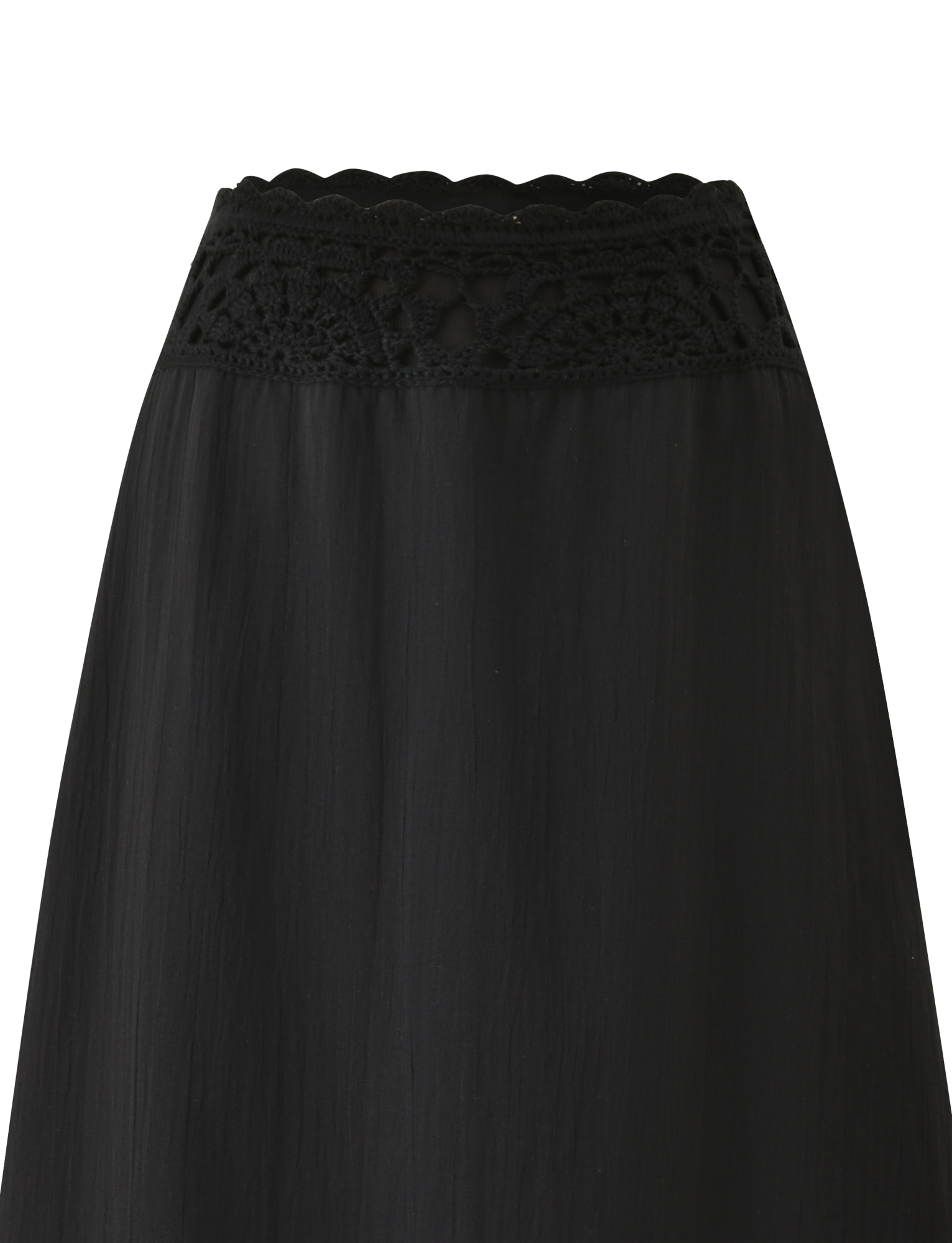 The SASHA CROCHET MIDI SKIRT by TIGERMIST is a black A-line midi skirt with a wide, intricately detailed scalloped lace crochet waistband and a smooth, flowing fabric.