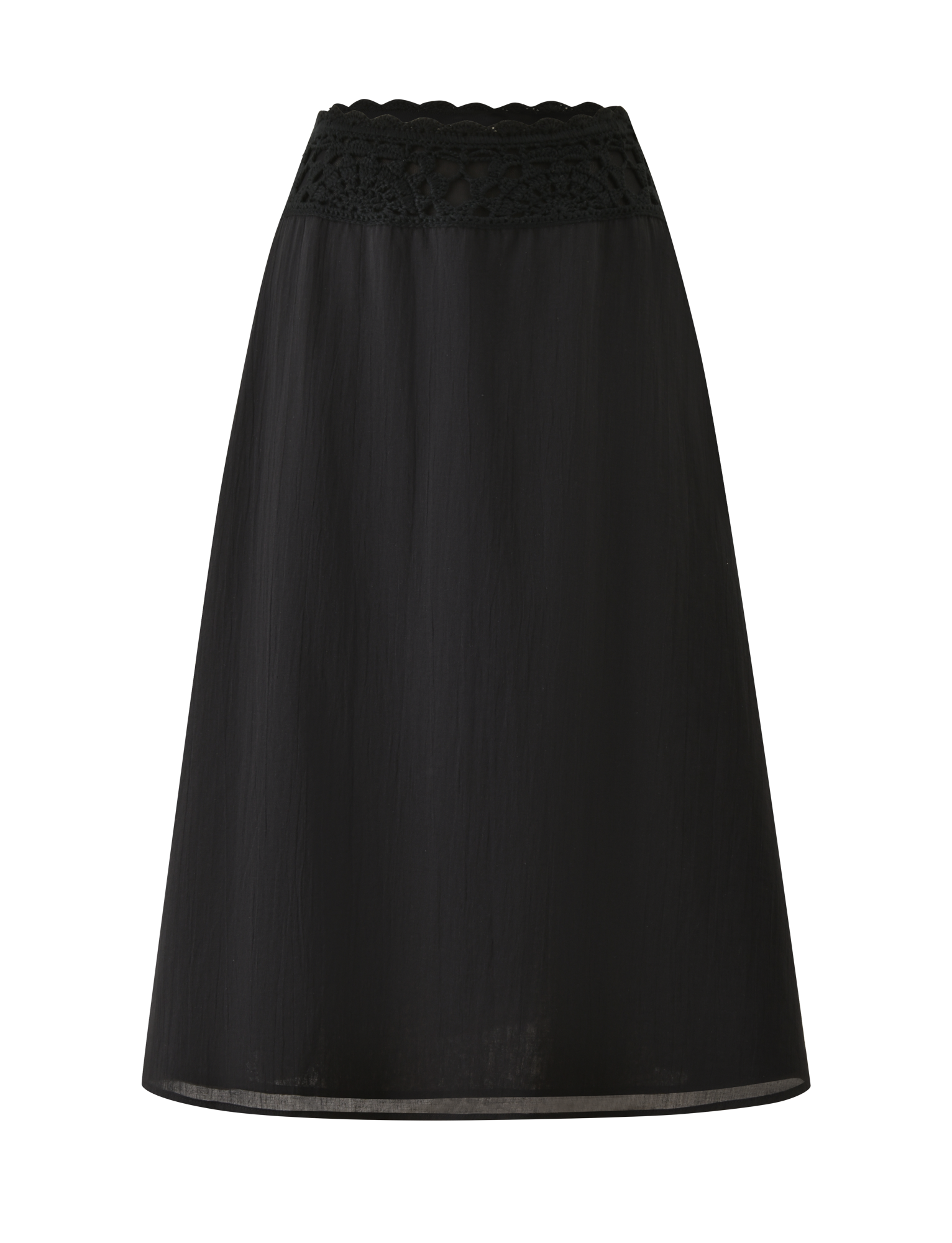 The TIGERMIST SASHA CROCHET MIDI SKIRT in black features cotton poplin fabric, a scalloped crochet waistband, and a subtle sheen. Styled in an A-line silhouette, it's displayed against a plain white background.