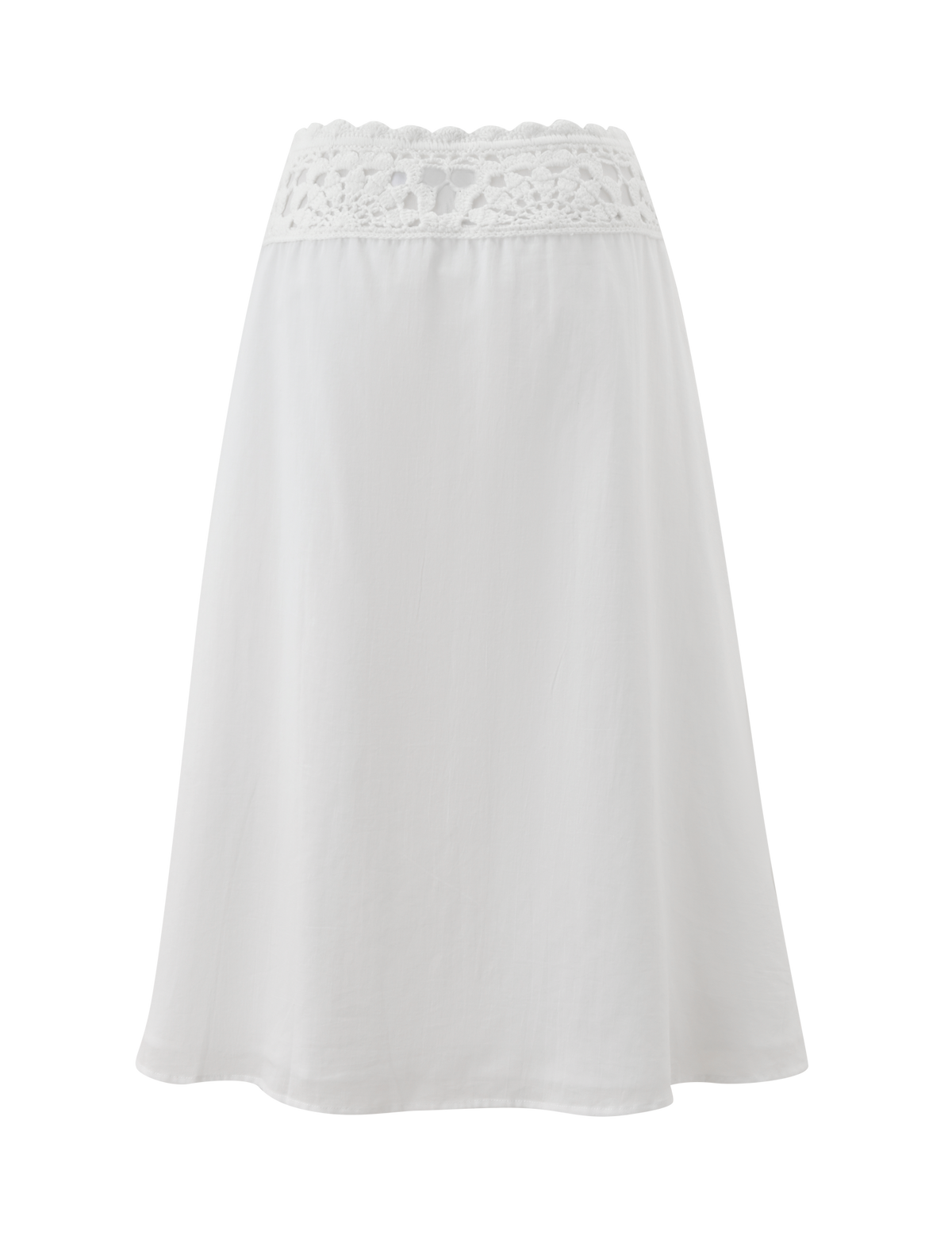 The SASHA CROCHET MIDI SKIRT - IVORY by TIGERMIST is a white A-line cotton poplin skirt with a wide crochet waistband featuring intricate detailing. This knee-length design blends style and comfort.