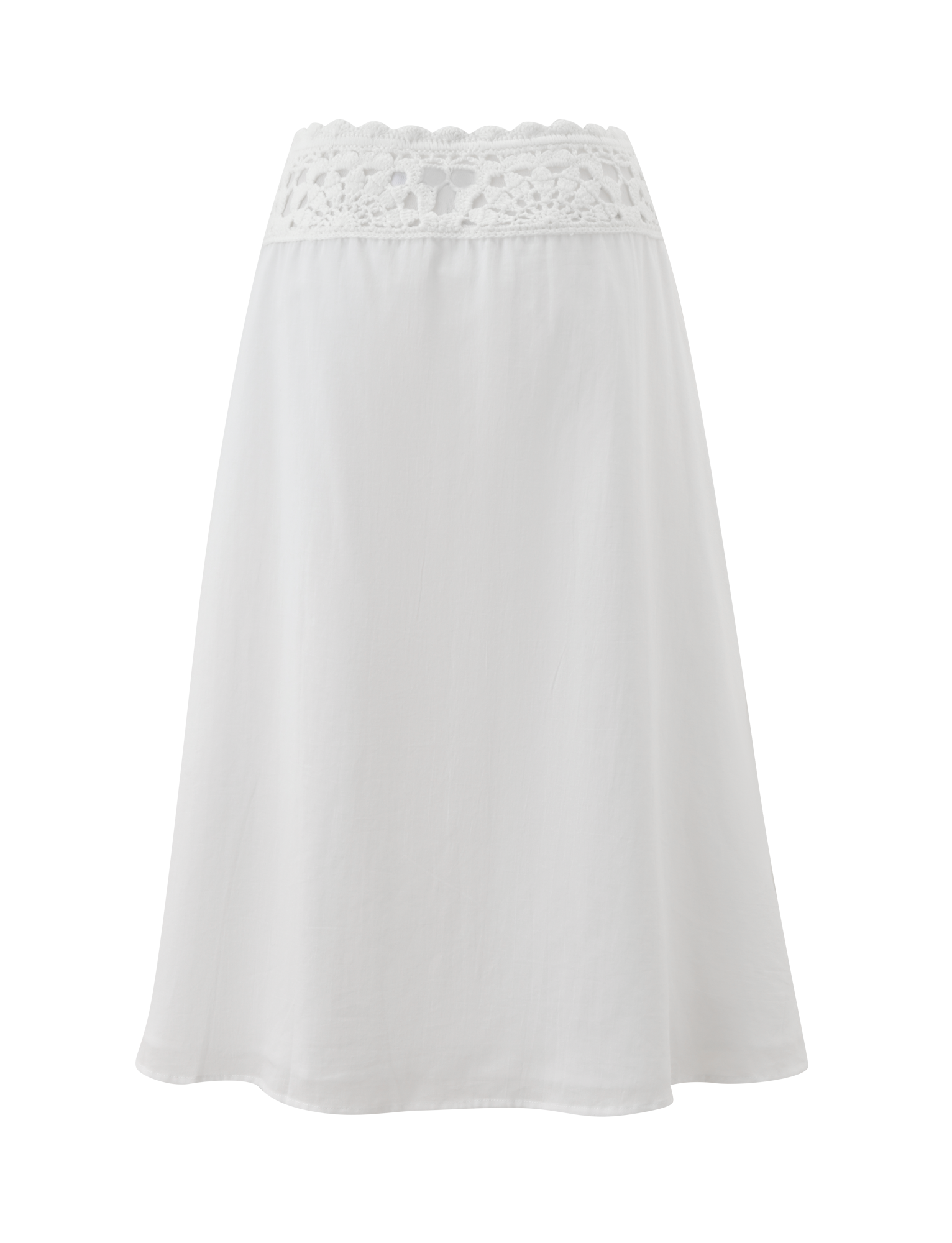 The TIGERMIST SASHA MIDI SKIRT in ivory is a white cotton poplin A-line skirt with a wide crochet lace waistband and flowy knee-length hem, shown against a plain white background.