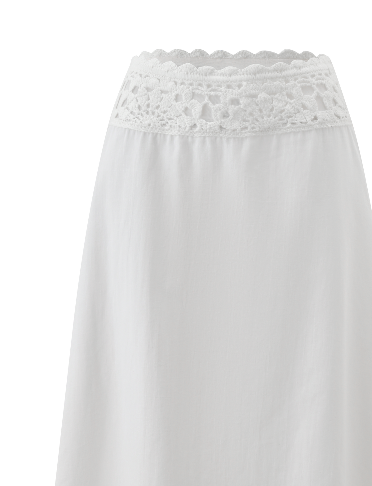 A close-up of the TIGERMIST SASHA CROCHET MIDI SKIRT in ivory, showcasing its wide scalloped crochet waistband and lightweight cotton poplin fabric.