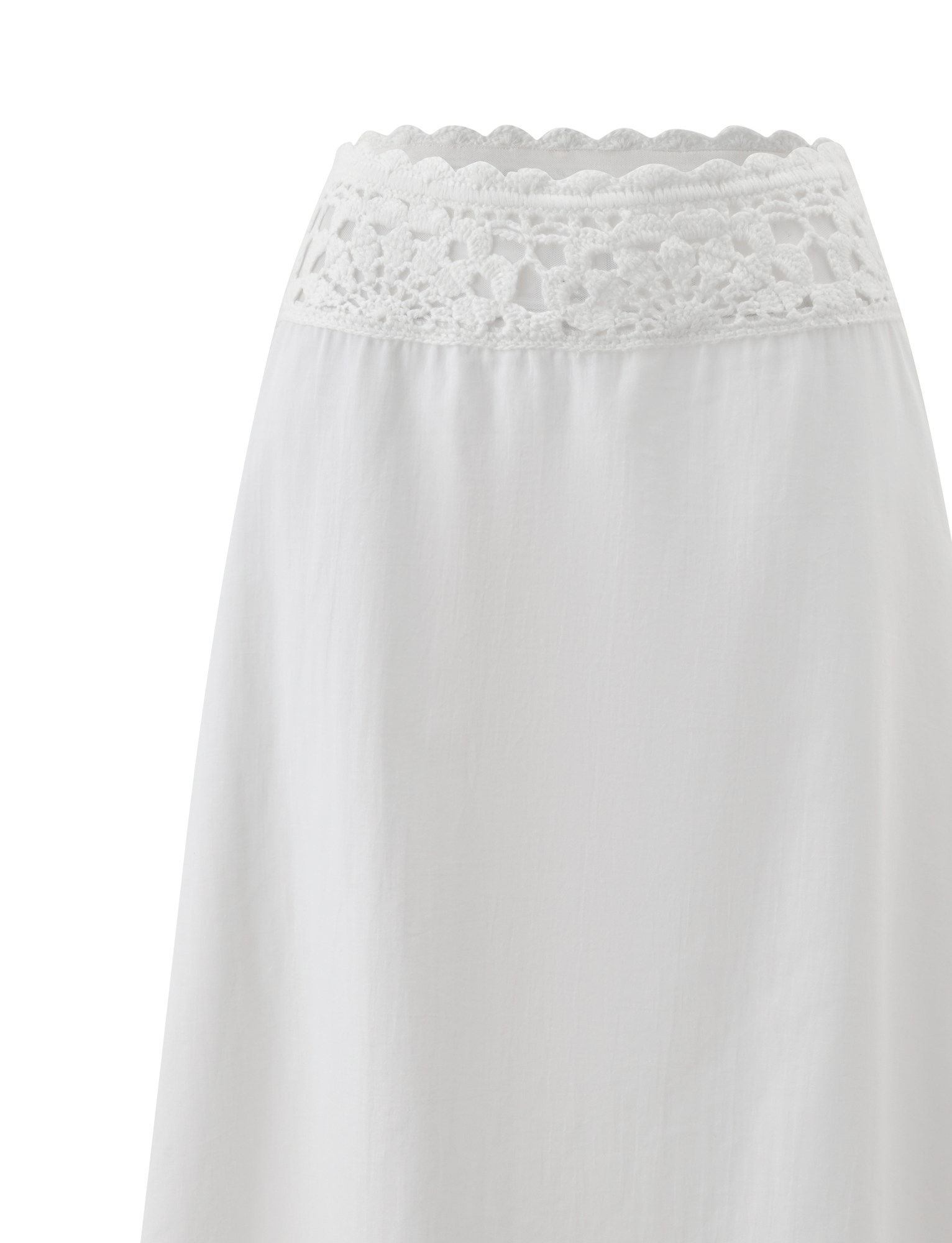 The image shows the upper part of the TIGERMIST SASHA MIDI SKIRT - IVORY, a white A-line skirt with a scalloped crochet waistband and flowing lightweight fabric, set against a plain background.