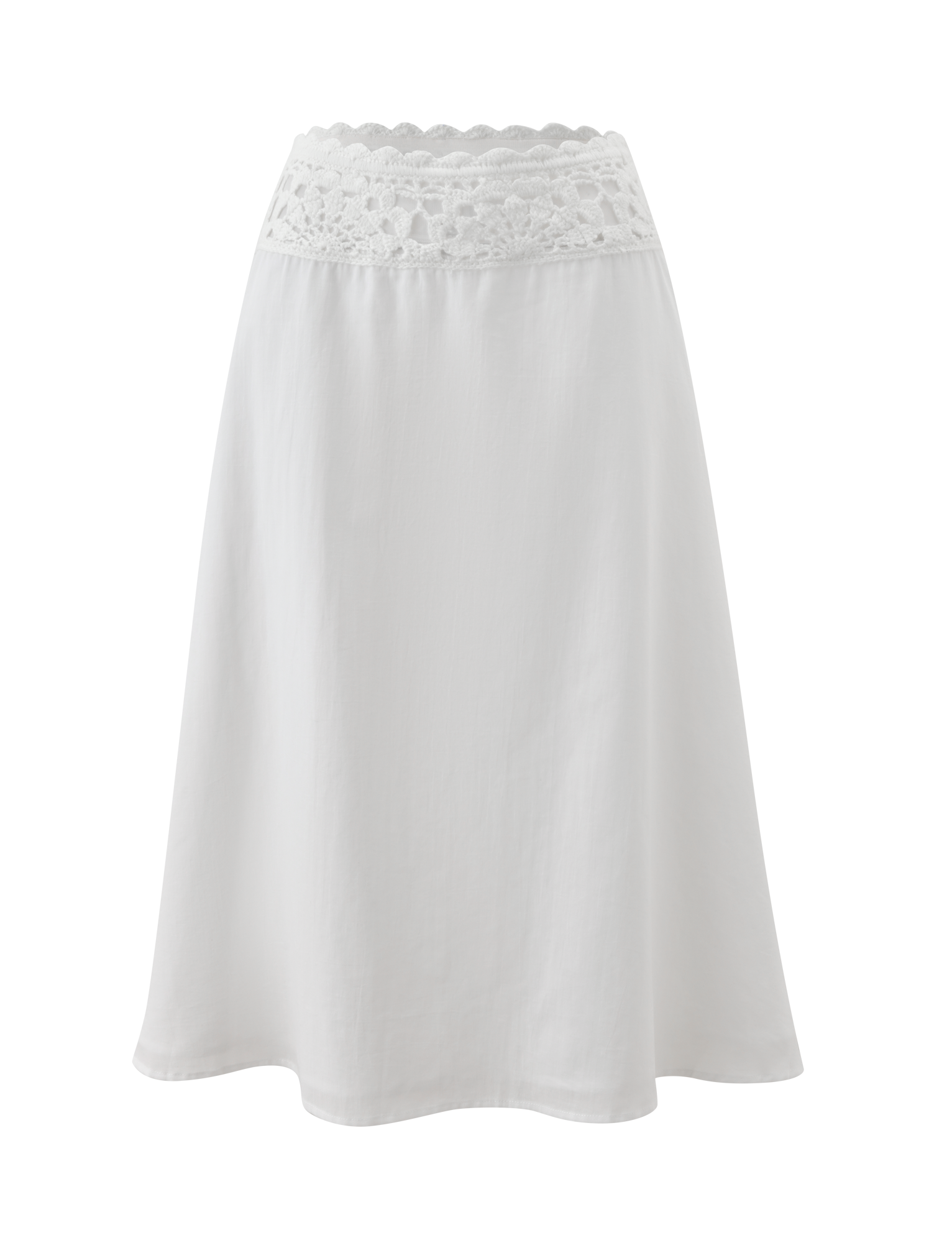 The TIGERMIST SASHA MIDI SKIRT - IVORY features a wide crochet waistband and flowing cotton poplin fabric for a soft, feminine look. This white A-line midi skirt has no visible fastenings.