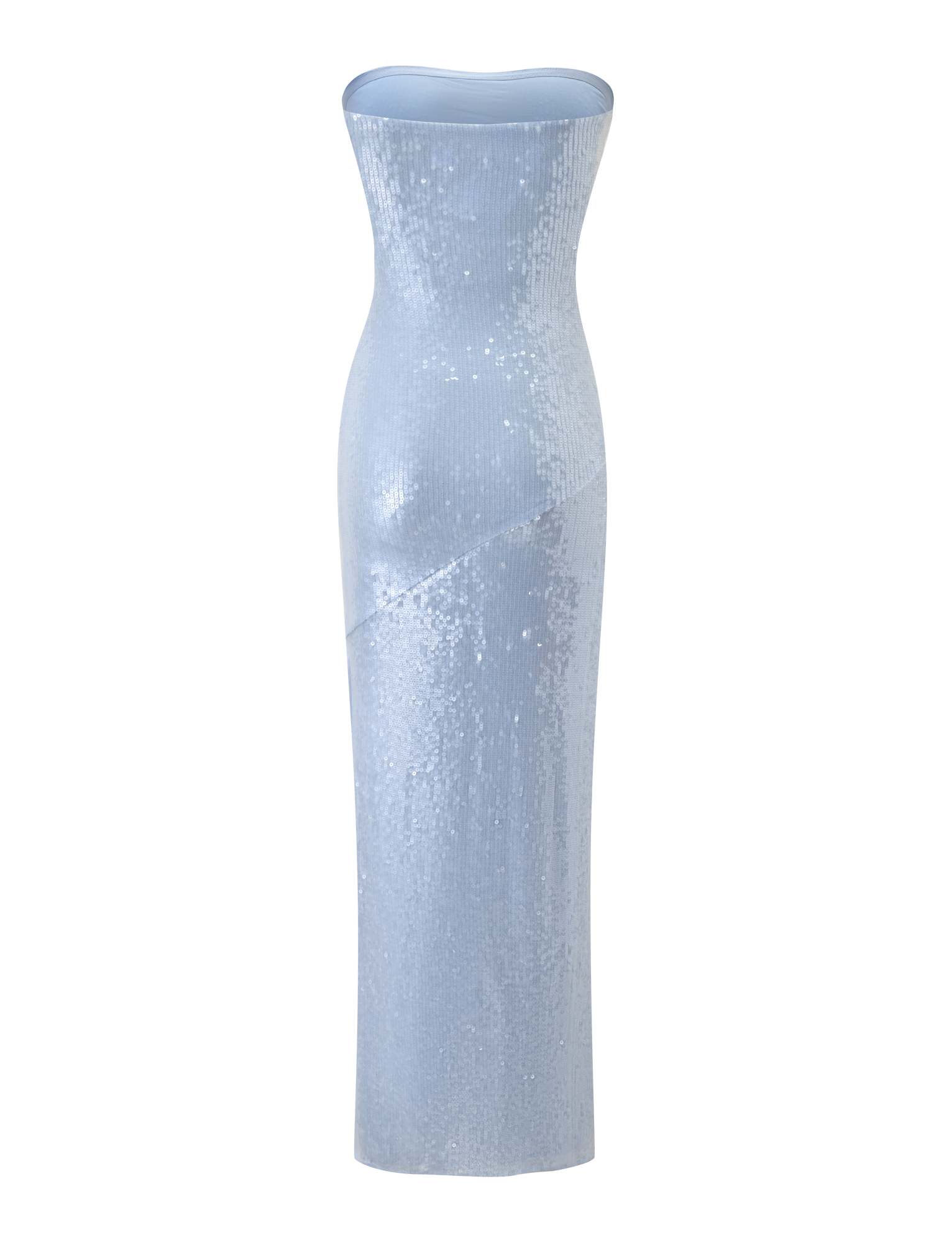 The TIGERMIST THEO SEQUIN MAXI DRESS in soft blue is a strapless, fitted mermaid maxi with a bandeau neckline, subtle diagonal seam detail, and a slight sheen, shown on a plain white background.