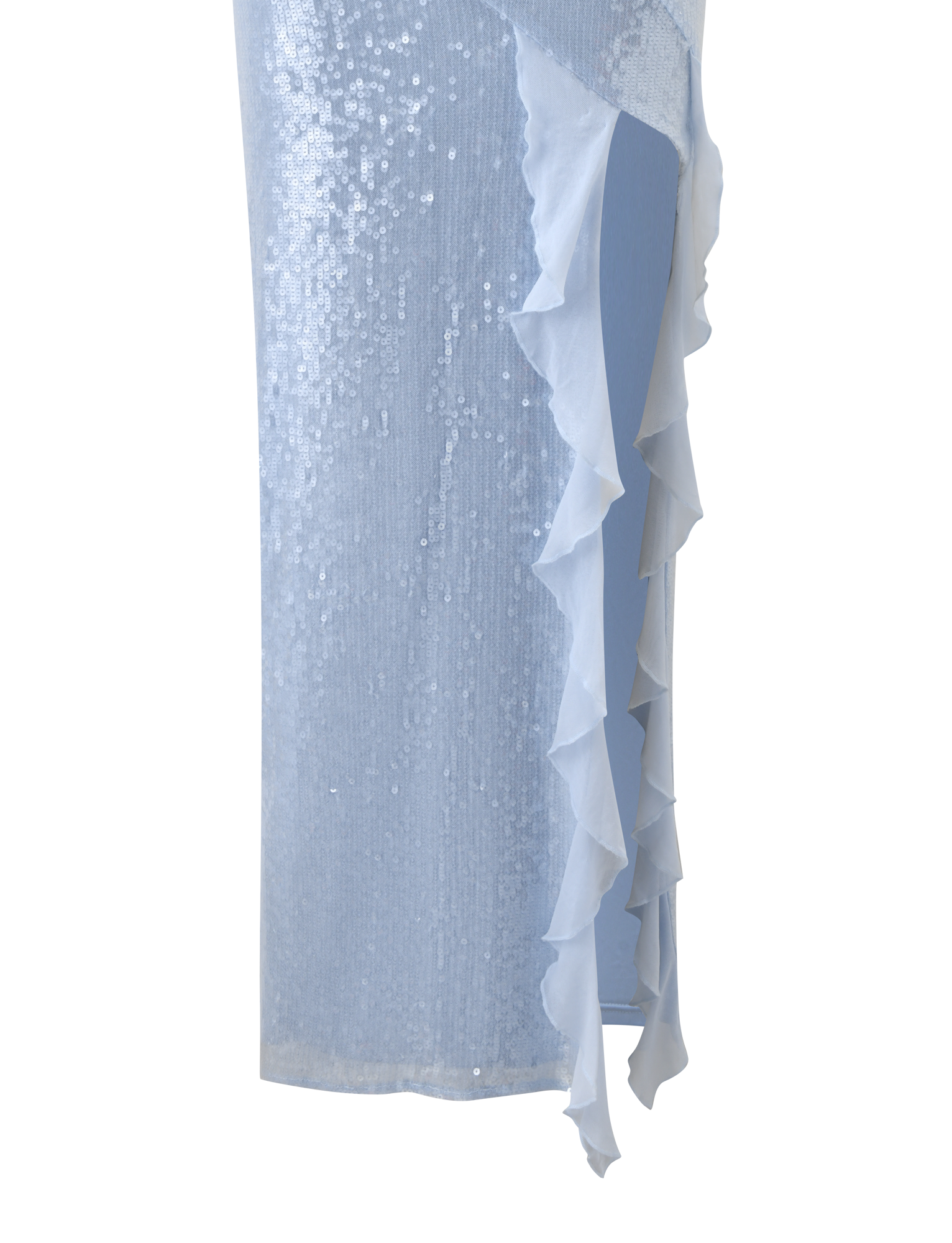 Close-up of the TIGERMIST THEO SEQUIN MAXI DRESS in Soft Blue, featuring a sheer, ruffled chiffon trim vertically along the side, set against a plain white background.