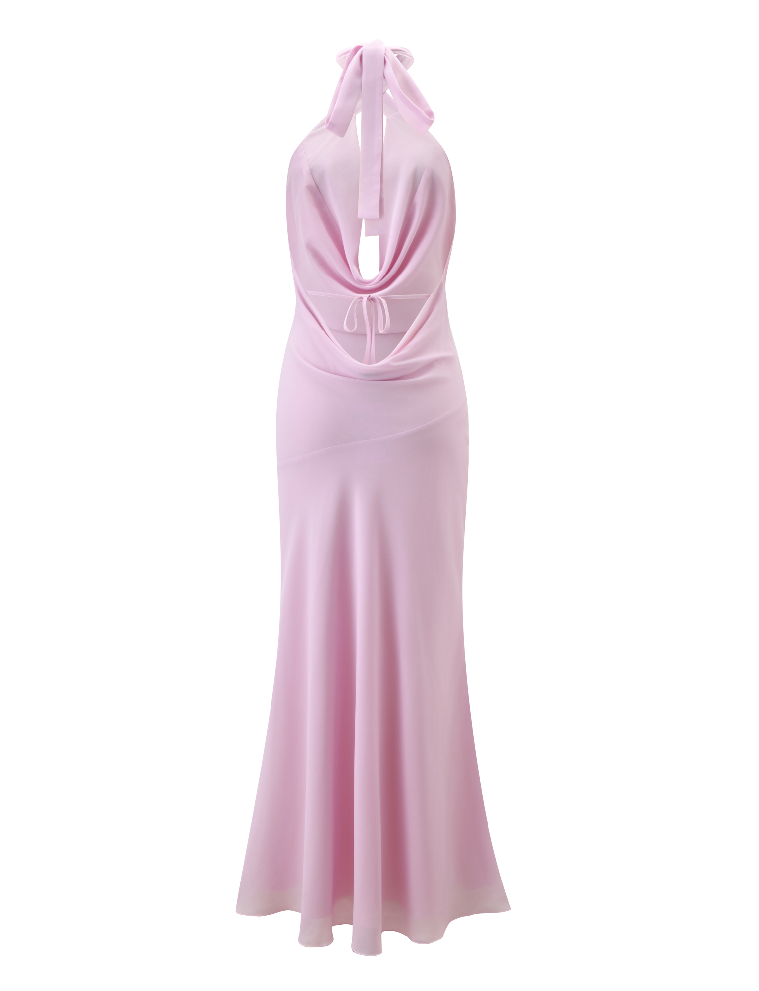 The TIGERMIST ZYLA Maxi Dress in baby pink features a satin halter-neck, open back, cowl drape, tie neck closure, and a floor-length flared skirt—a modern take on the classic cowl neck maxi.